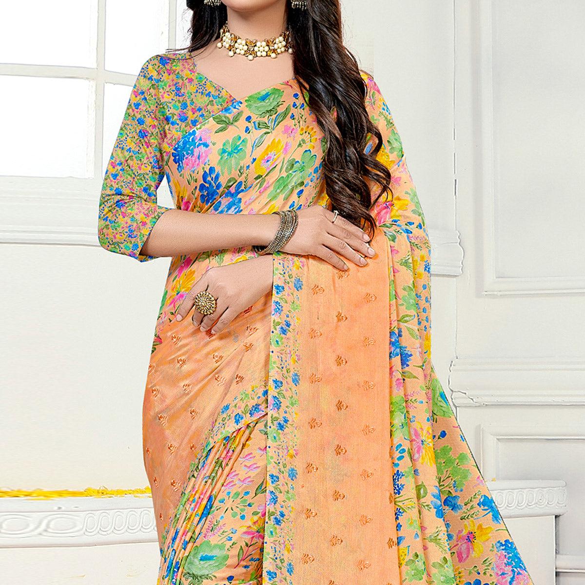 Orange Casual Wear Floral Digital Printed Chiffon Saree - Peachmode