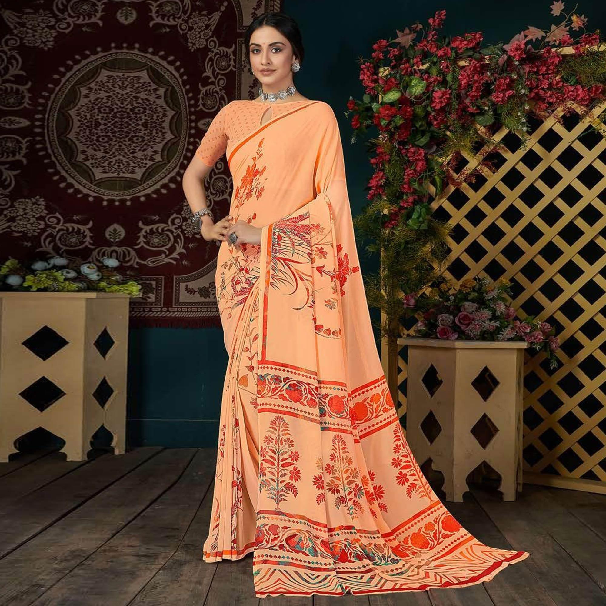 Orange Casual Wear Floral Digital Printed Georgette Saree - Peachmode