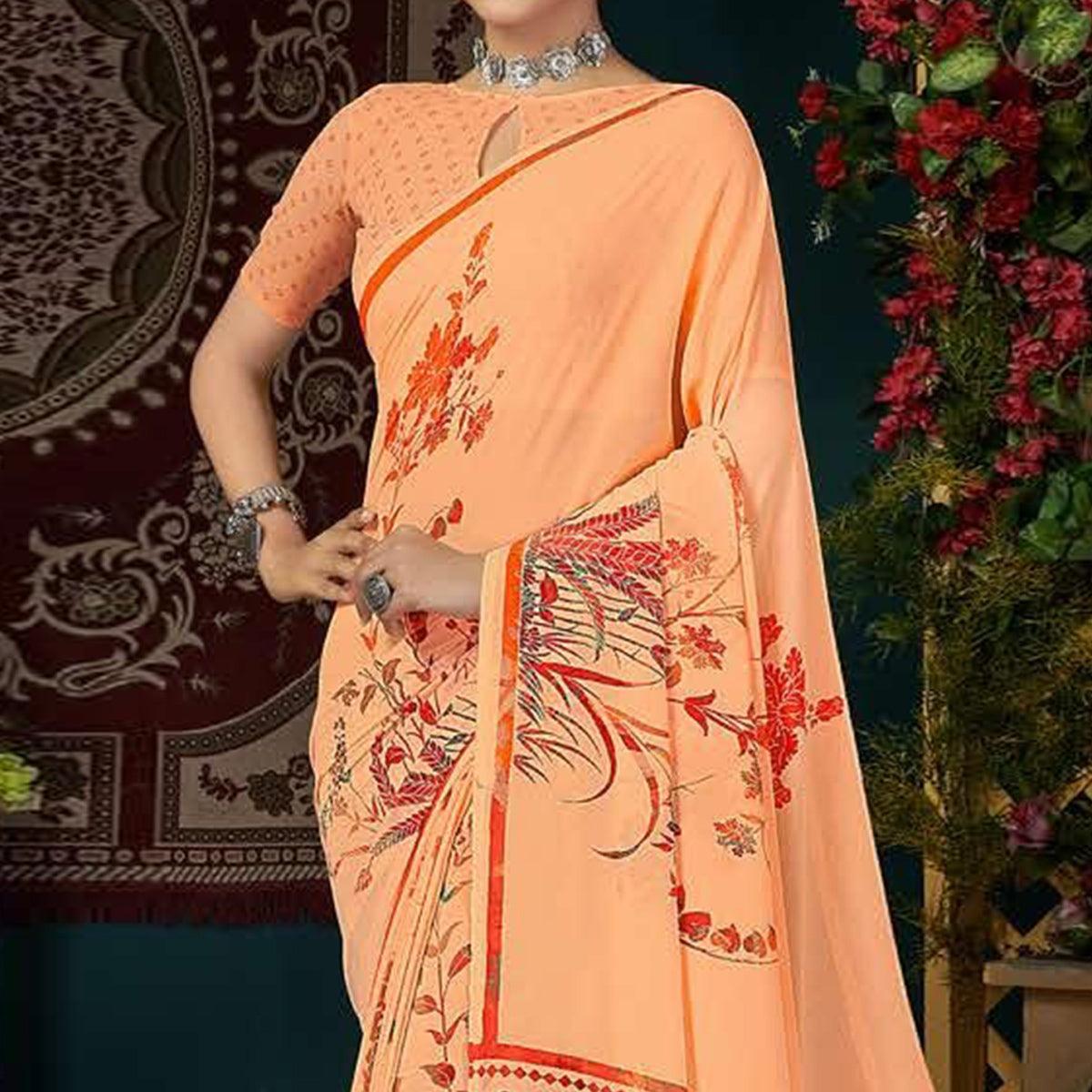 Orange Casual Wear Floral Digital Printed Georgette Saree - Peachmode