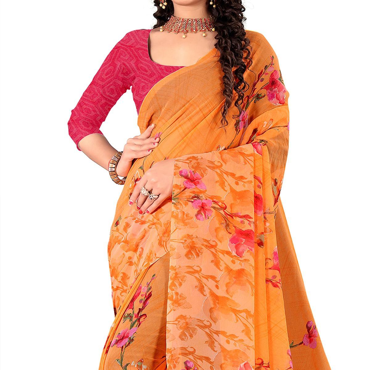 Orange Casual Wear Floral Digital Printed Georgette Saree - Peachmode