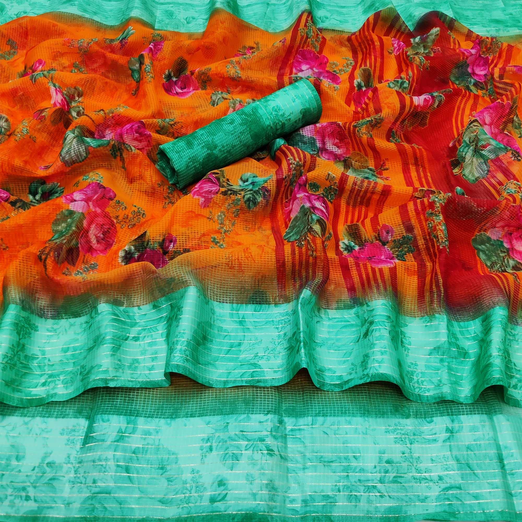 Orange Casual Wear Floral Digital Printed linen Saree - Peachmode