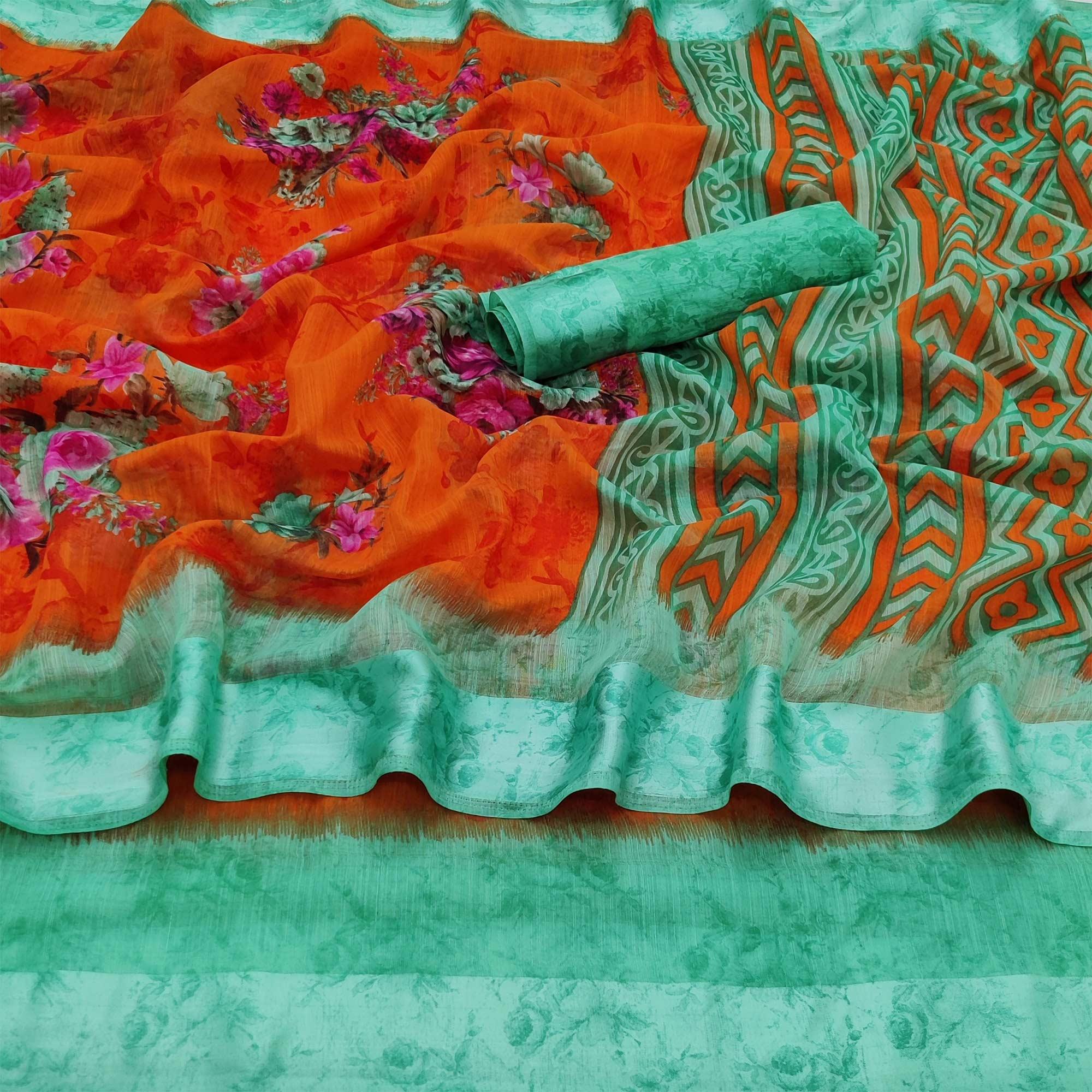 Orange Casual Wear Floral Digital Printed linen Saree - Peachmode