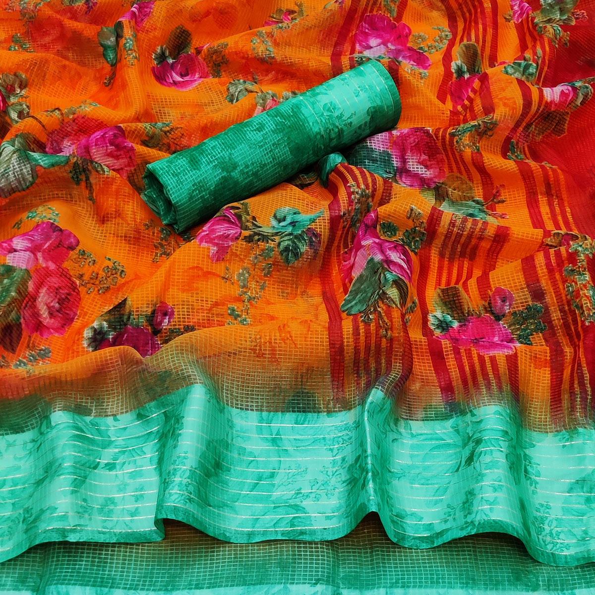 Orange Casual Wear Floral Digital Printed linen Saree - Peachmode