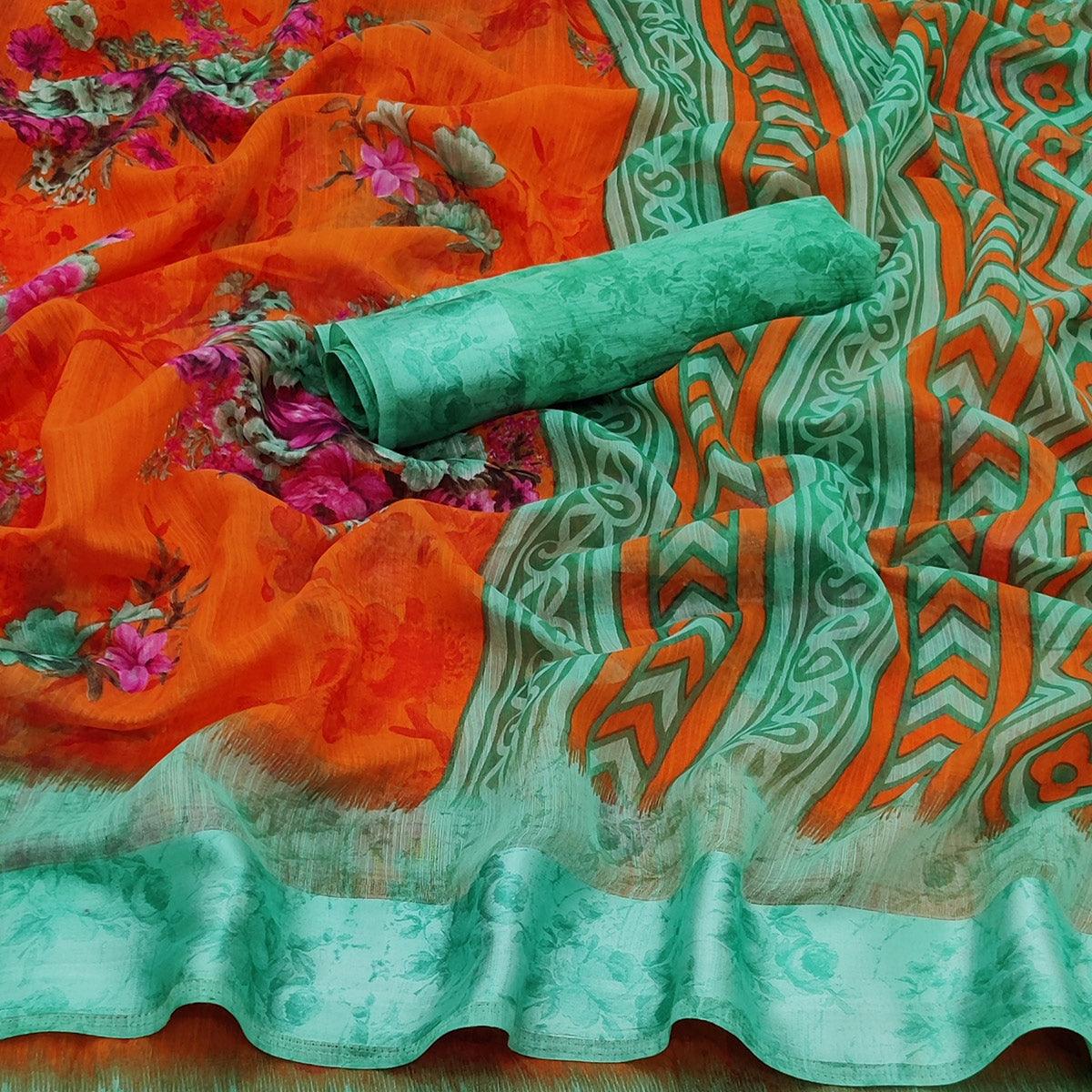 Orange Casual Wear Floral Digital Printed linen Saree - Peachmode