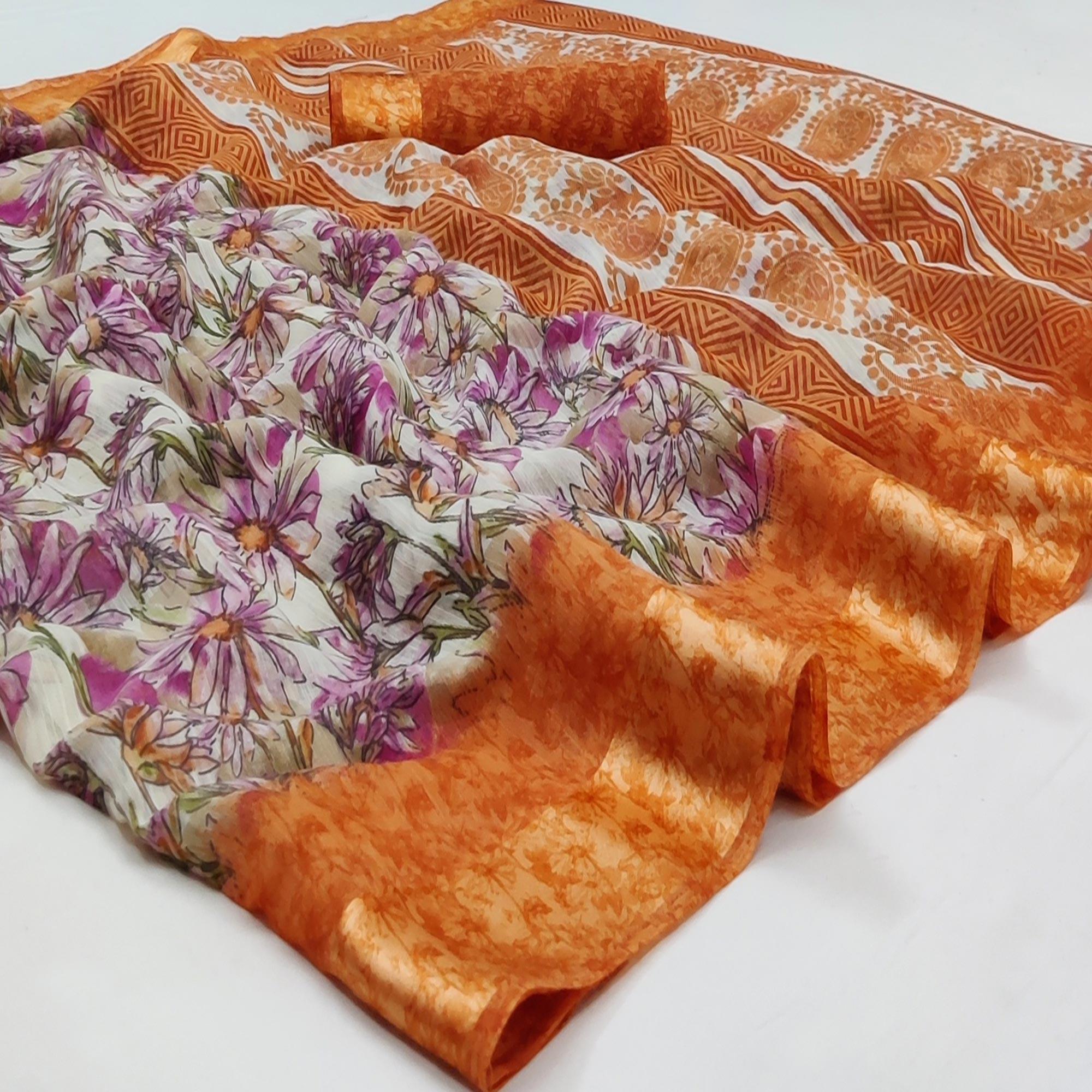 Orange Casual Wear Floral Digital Printed Pure Linen Saree Satin Border - Peachmode