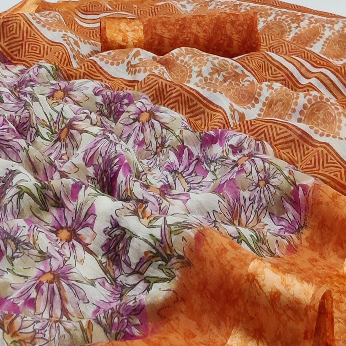 Orange Casual Wear Floral Digital Printed Pure Linen Saree Satin Border - Peachmode