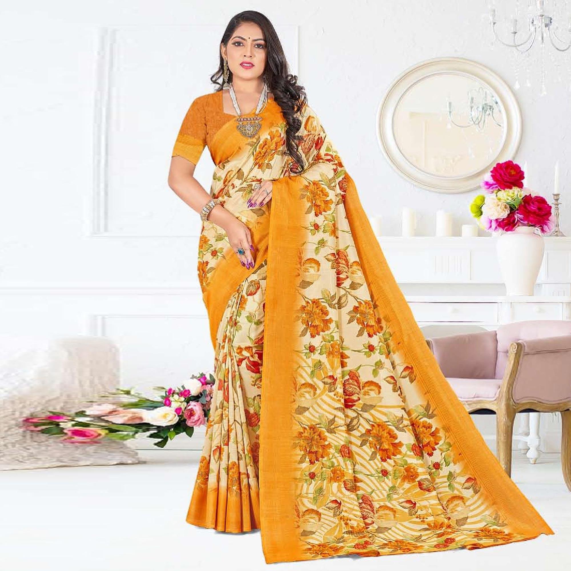 Orange Casual Wear Floral Digital Printed Soft Silk Saree - Peachmode