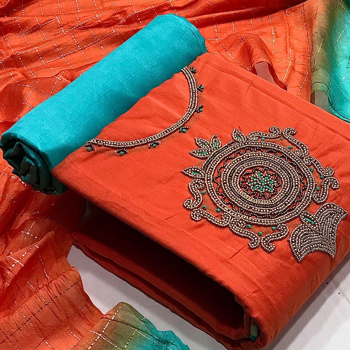 Orange Casual Wear Floral embellished Handwork Chanderi Dress Material - Peachmode