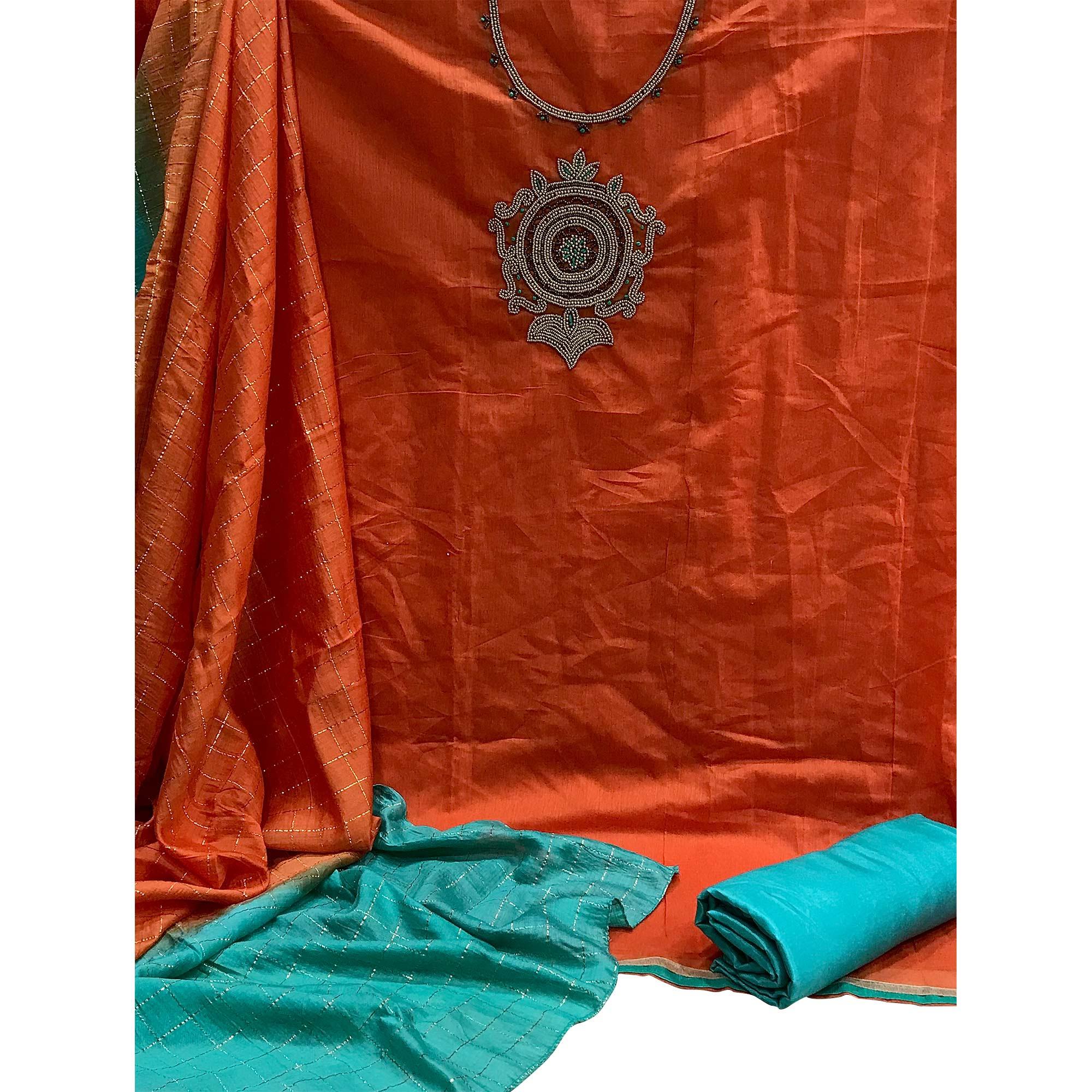 Orange Casual Wear Floral embellished Handwork Chanderi Dress Material - Peachmode