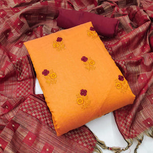 Orange Casual Wear Floral Embroidered Chanderi Dress Material - Peachmode