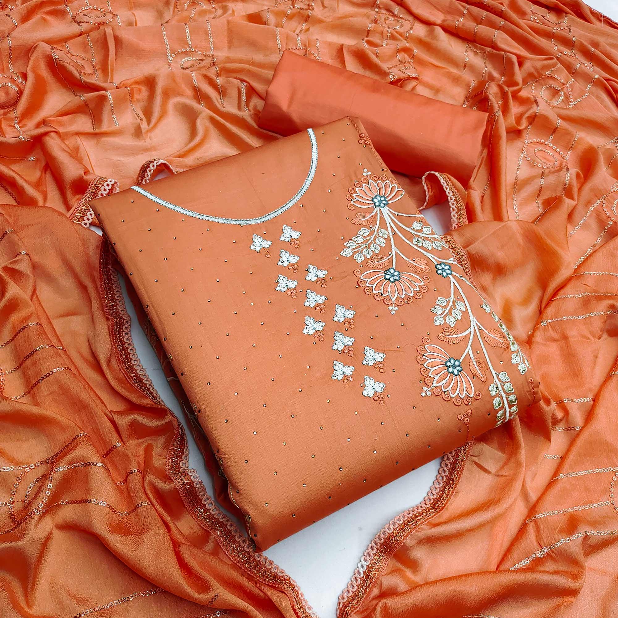 Orange Casual Wear Floral Embroidered Cotton Dress Material - Peachmode