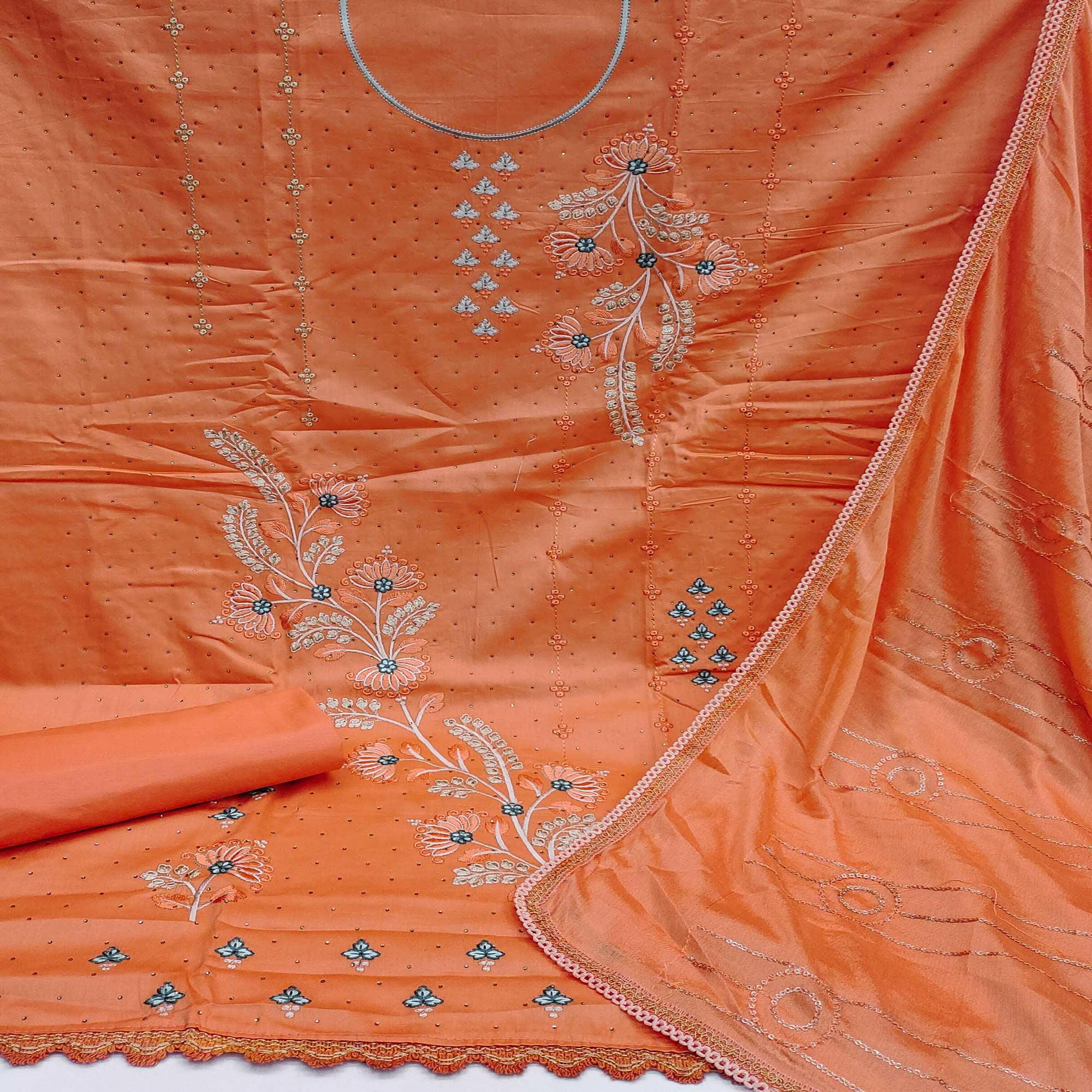 Orange Casual Wear Floral Embroidered Cotton Dress Material - Peachmode