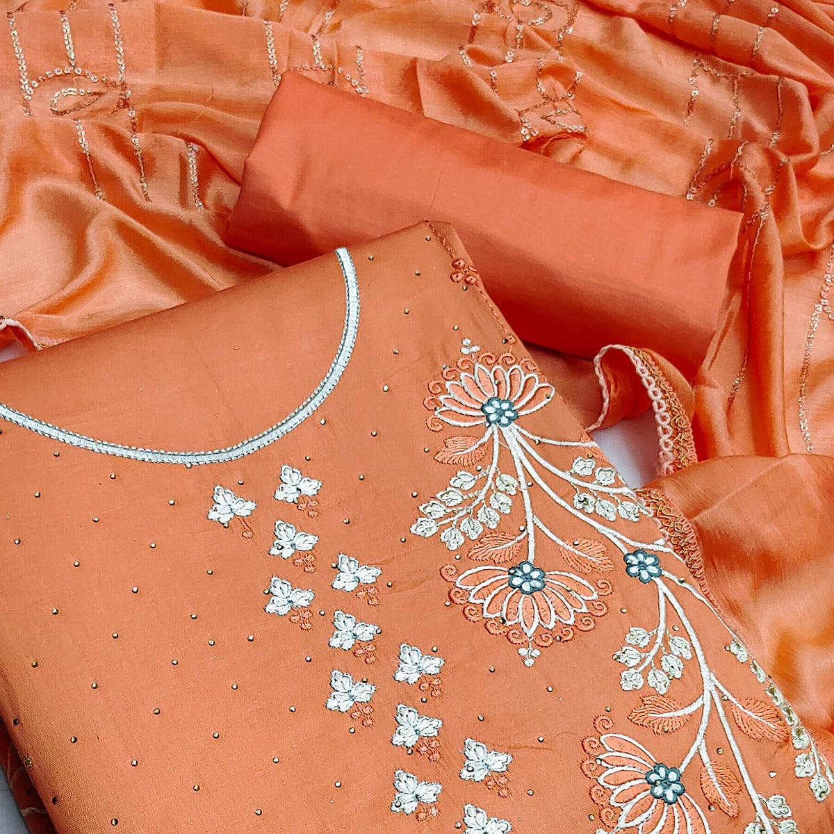 Orange Casual Wear Floral Embroidered Cotton Dress Material - Peachmode