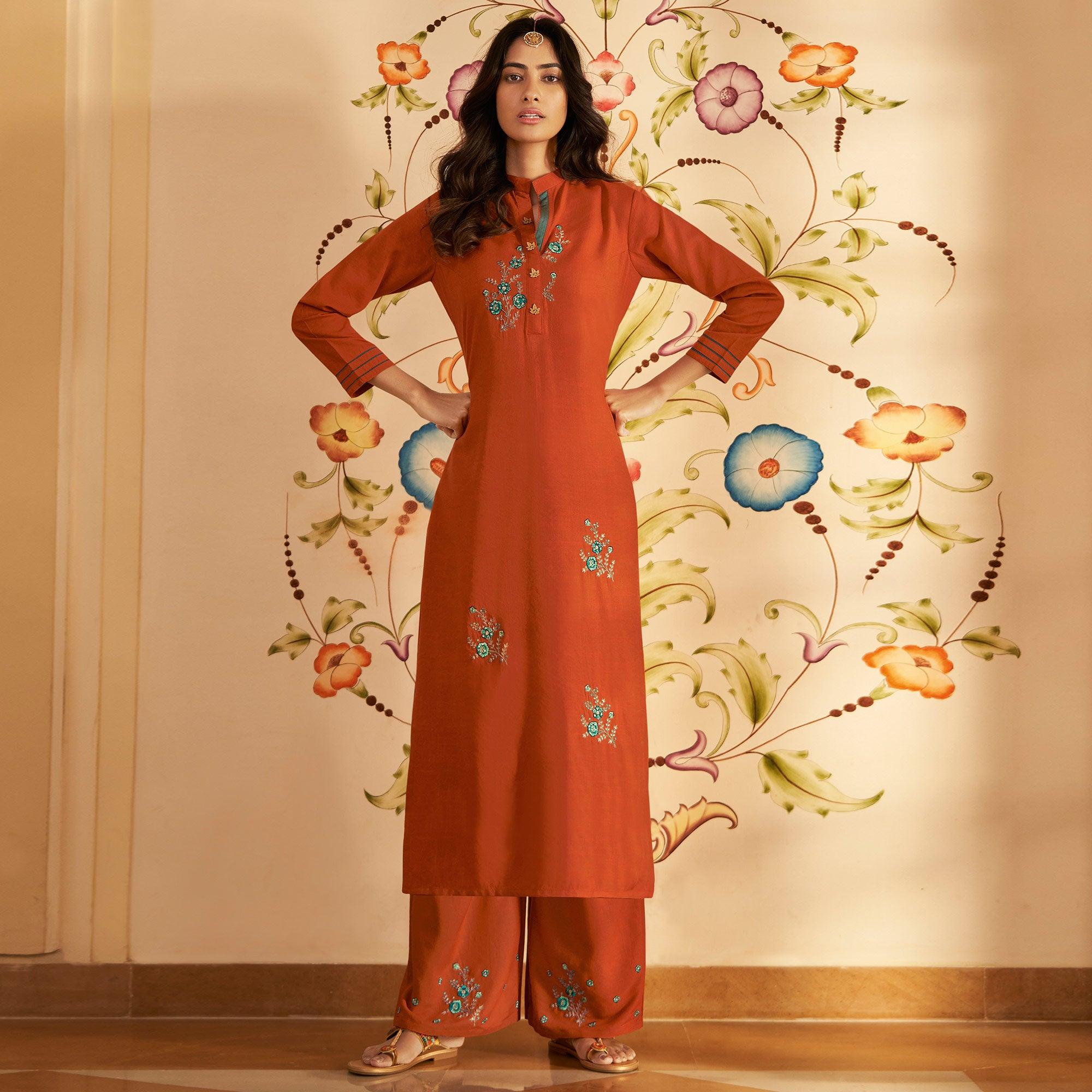 Orange Casual Wear Floral Embroidered Silk Two Tone Palazzo Suit - Peachmode