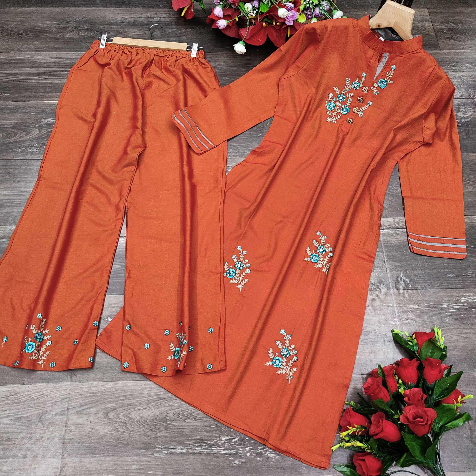 Orange Casual Wear Floral Embroidered Silk Two Tone Palazzo Suit - Peachmode