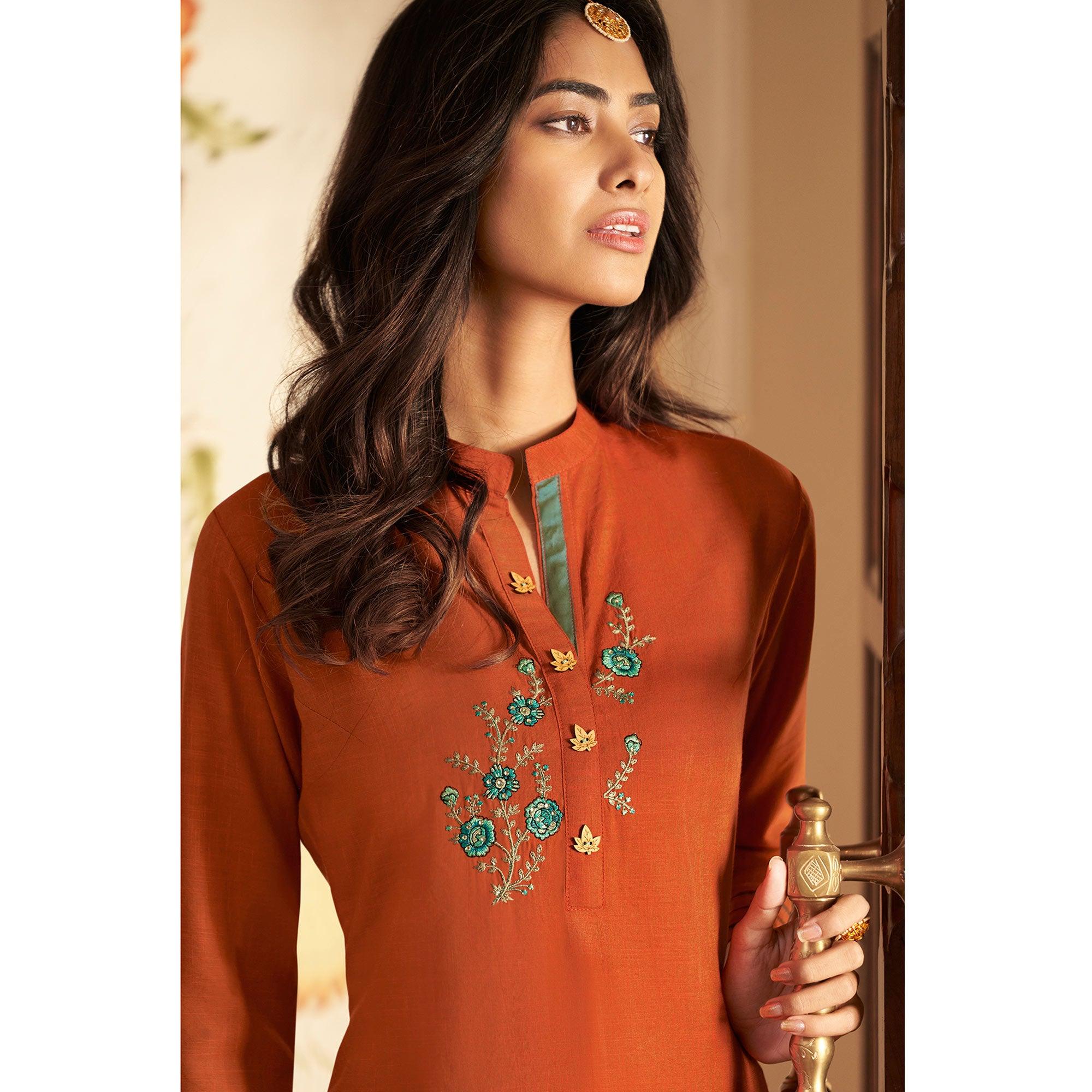 Orange Casual Wear Floral Embroidered Silk Two Tone Palazzo Suit - Peachmode