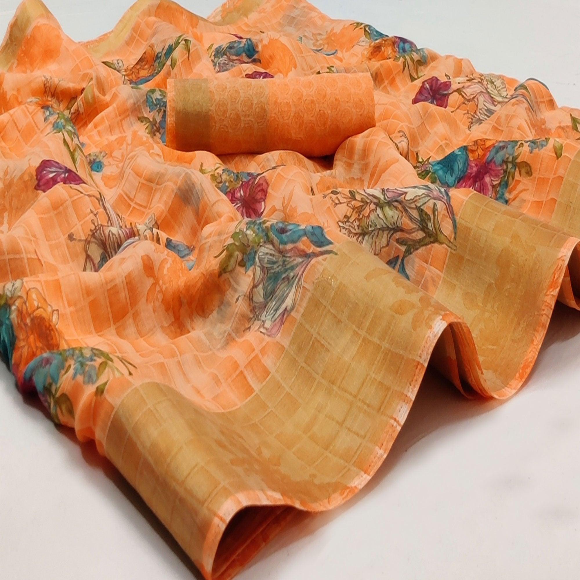 Orange Casual Wear Floral Mill Printed Cotton Saree With Zari Border - Peachmode
