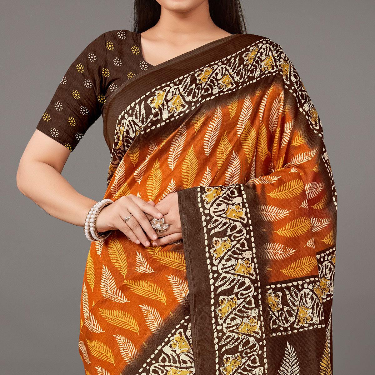 Orange Casual Wear Floral Printed Art Silk Saree - Peachmode