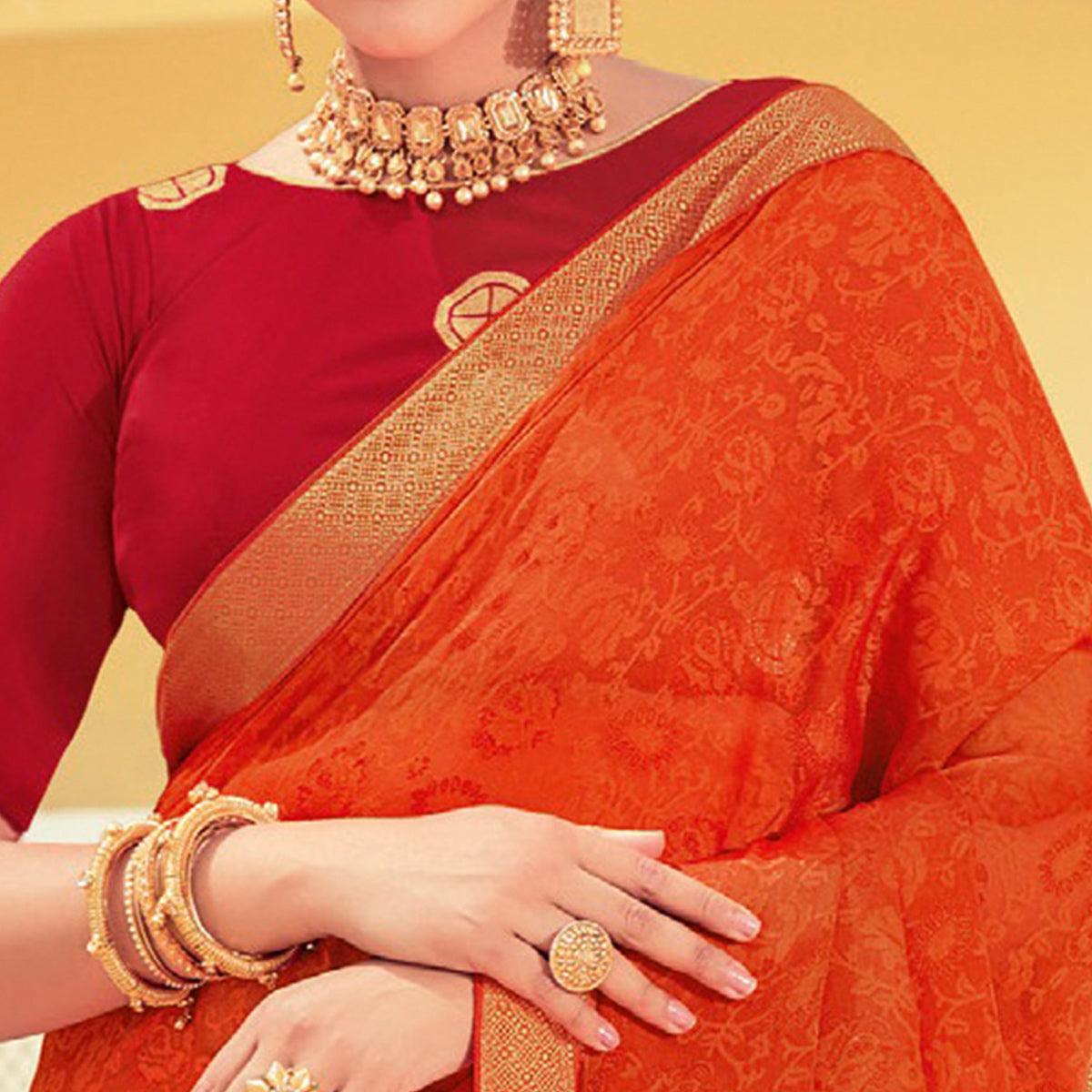 Orange Casual Wear Floral Printed Brasso Saree - Peachmode