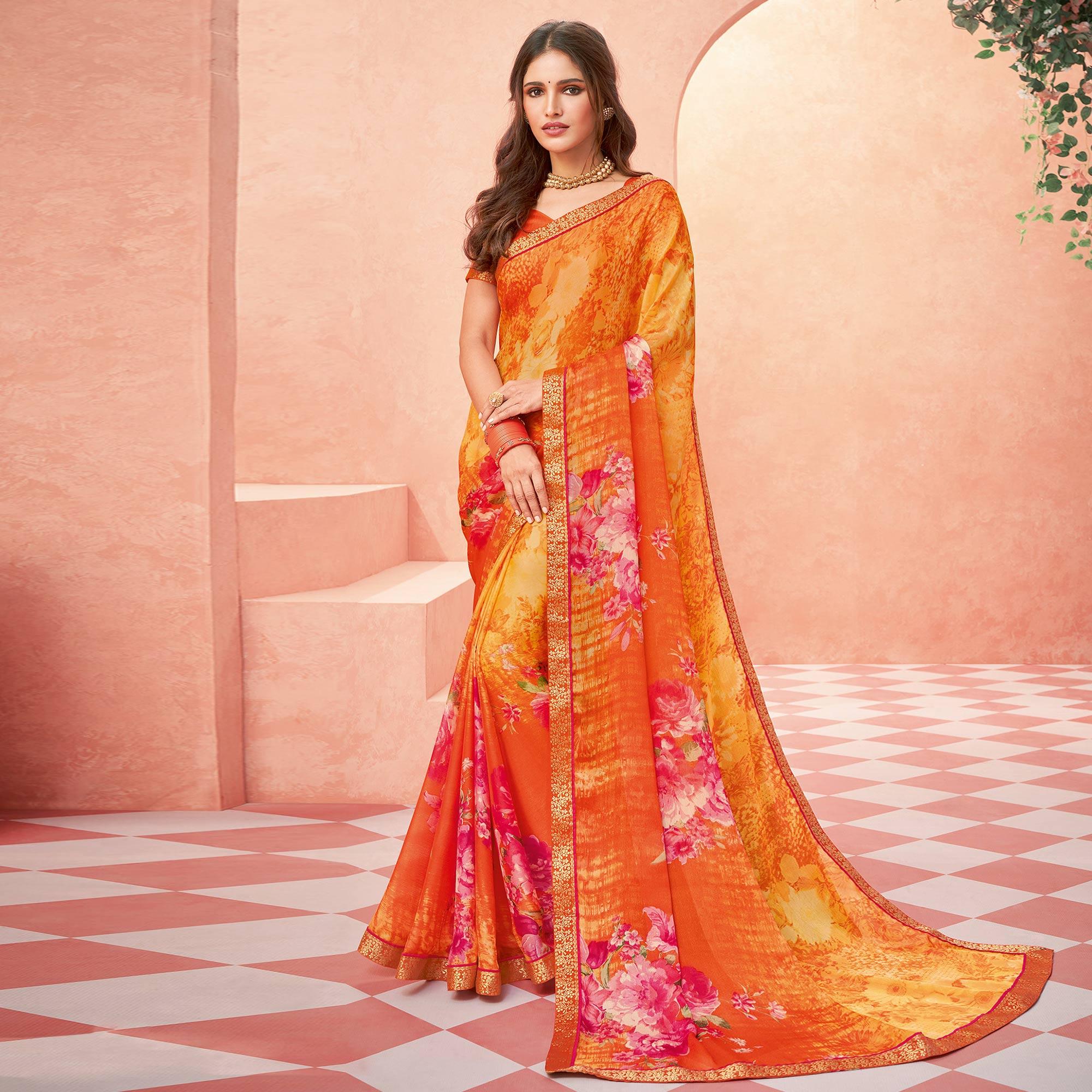 Orange Casual Wear Floral Printed Chiffon-Banarsi Saree With Banarasi Border - Peachmode