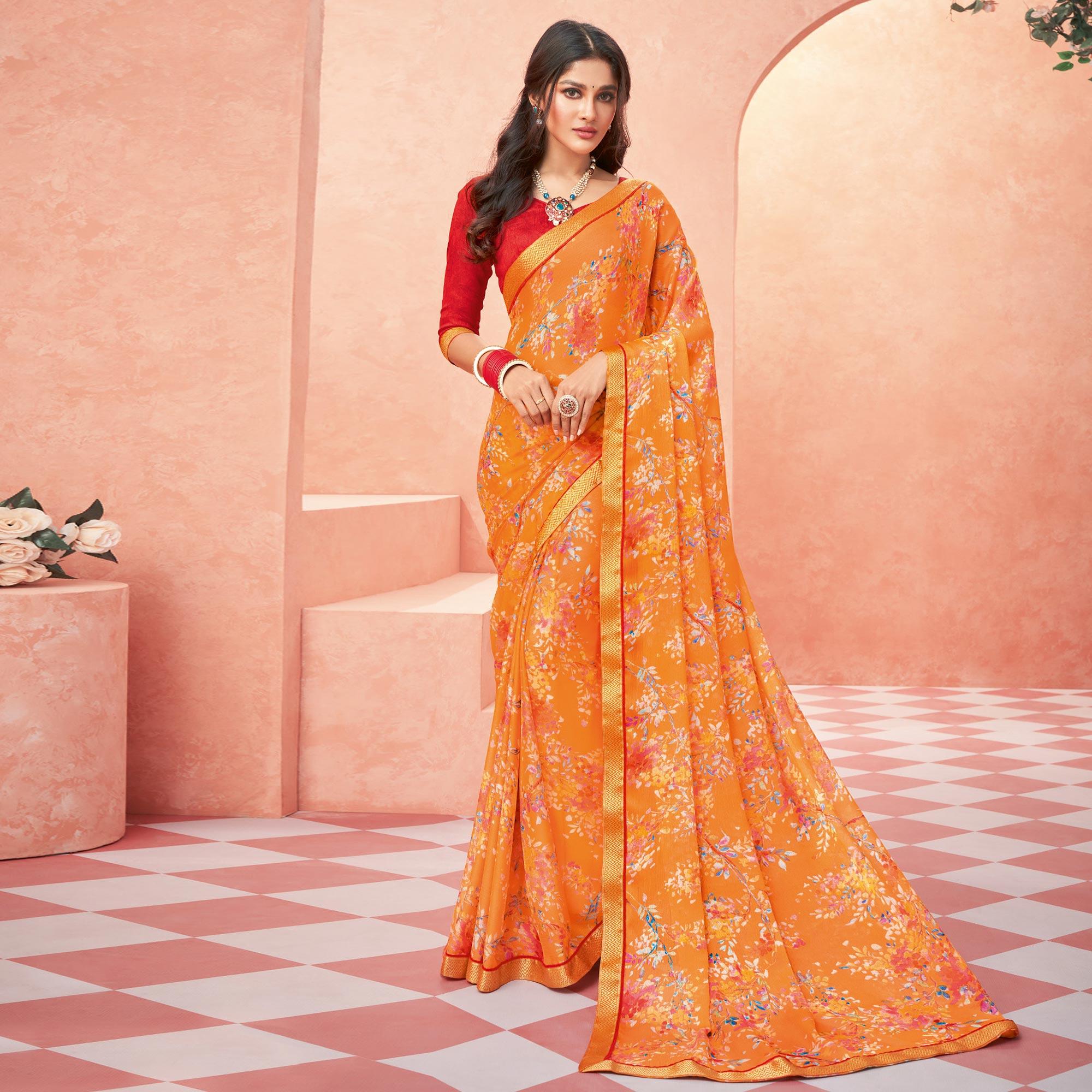 Orange Casual Wear Floral Printed Chiffon-Banarsi Saree With Banarasi Border - Peachmode