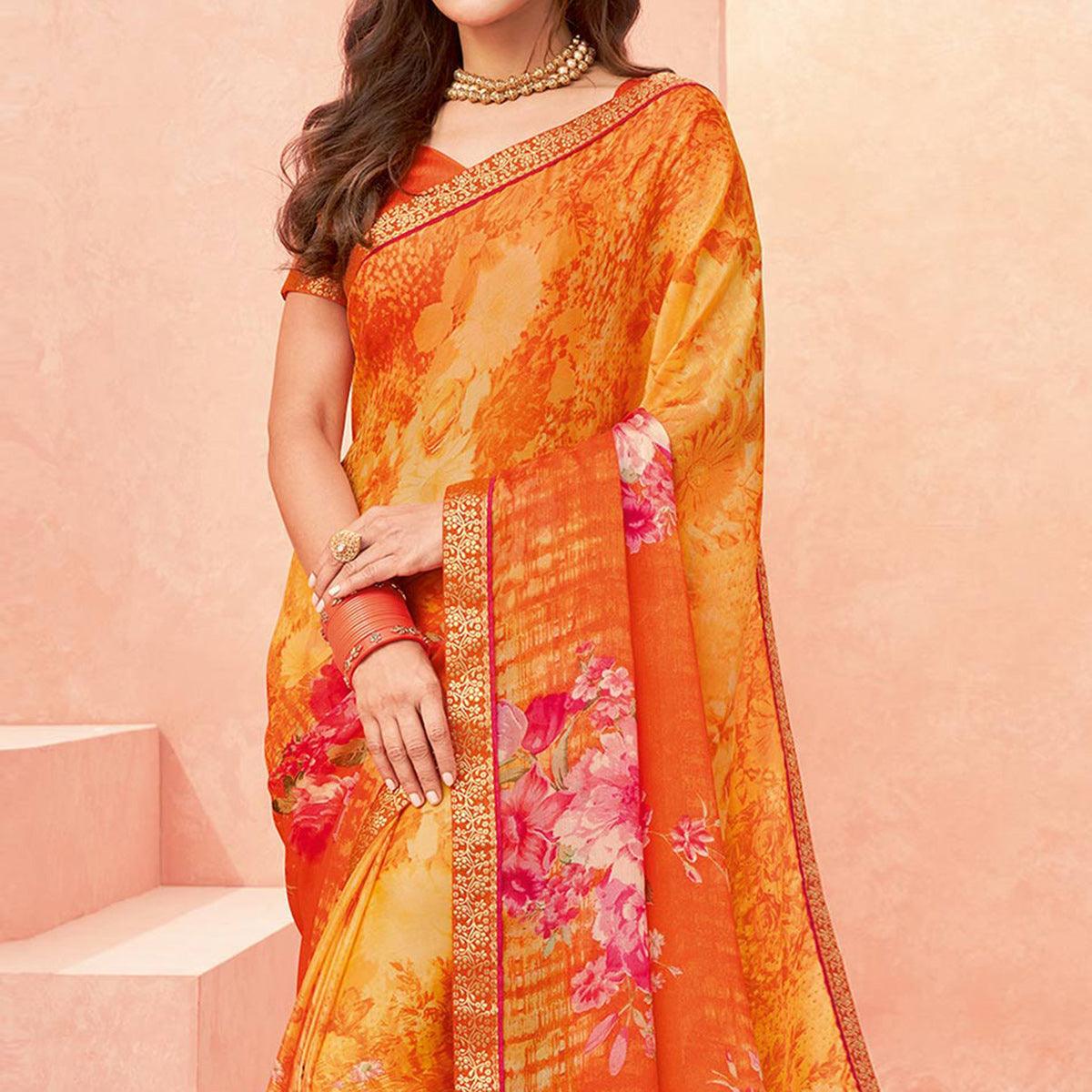 Orange Casual Wear Floral Printed Chiffon-Banarsi Saree With Banarasi Border - Peachmode