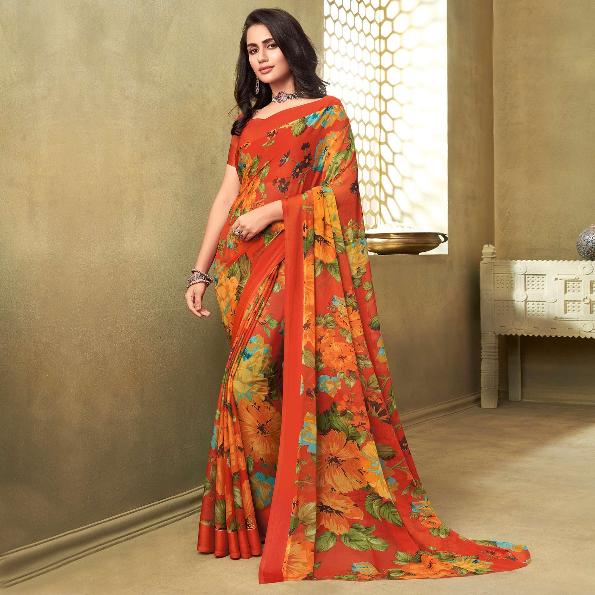 Orange Casual Wear Floral Printed Chiffon Saree - Peachmode