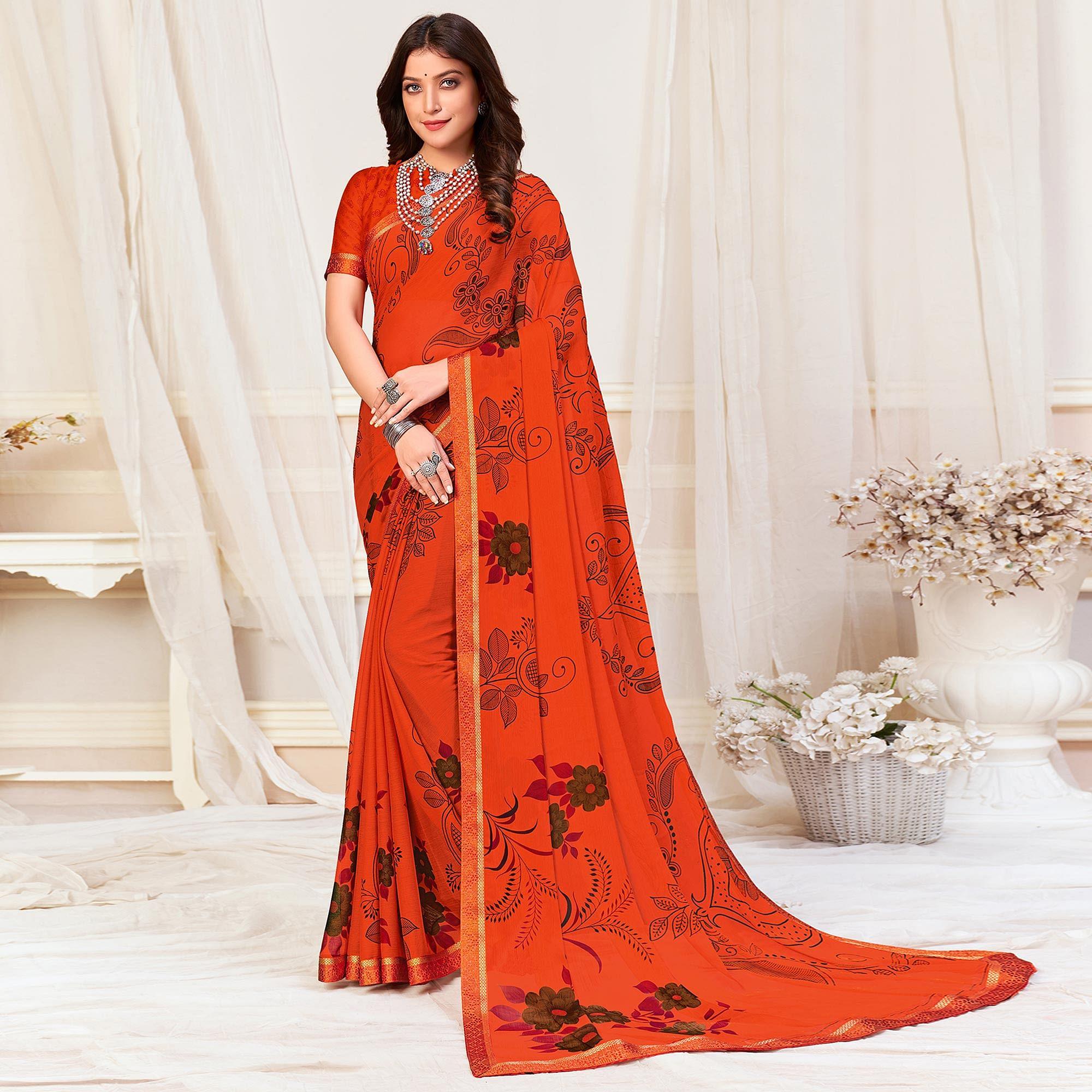 Orange Casual Wear Floral Printed Chiffon Saree - Peachmode