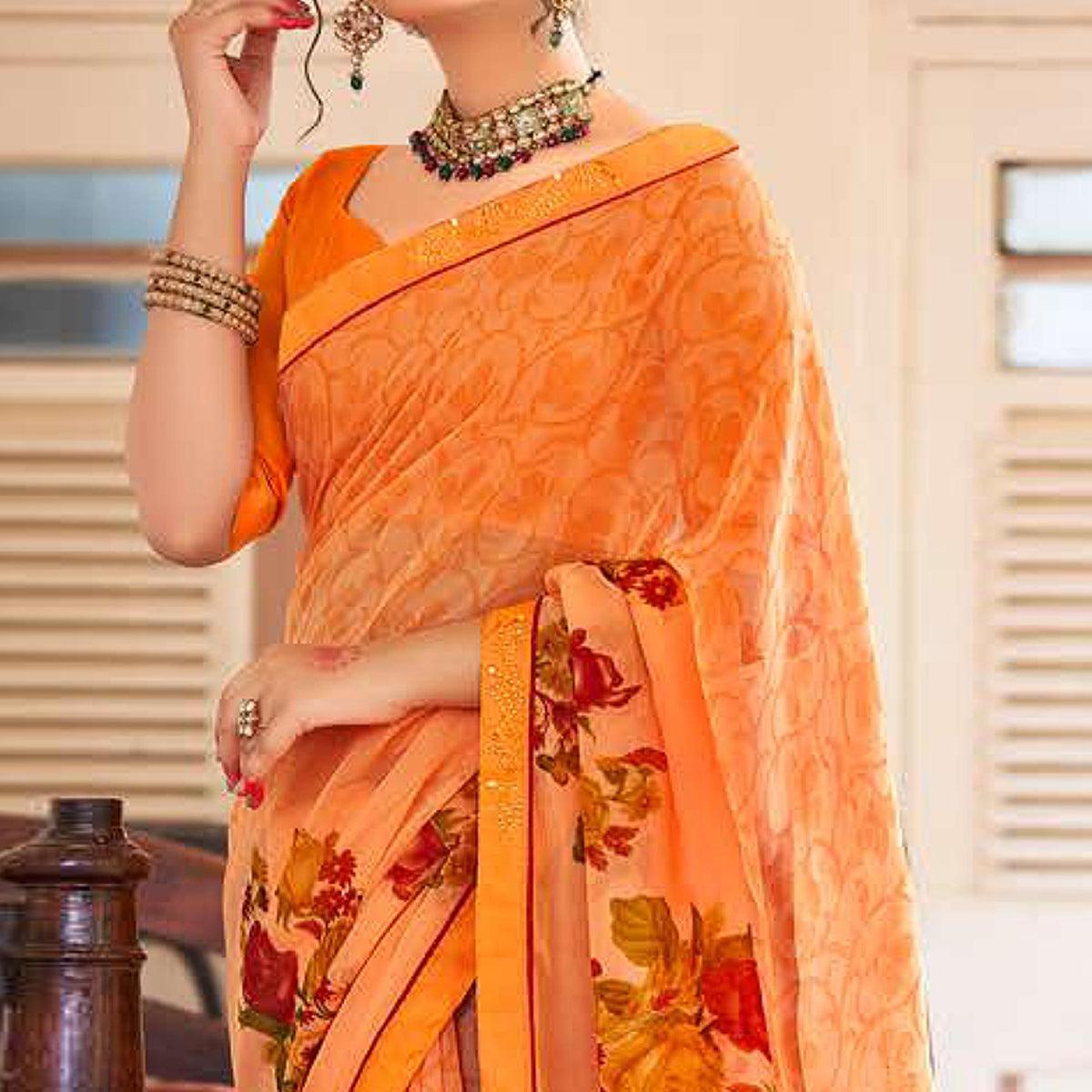 Orange Casual Wear Floral Printed Chiffon Saree - Peachmode