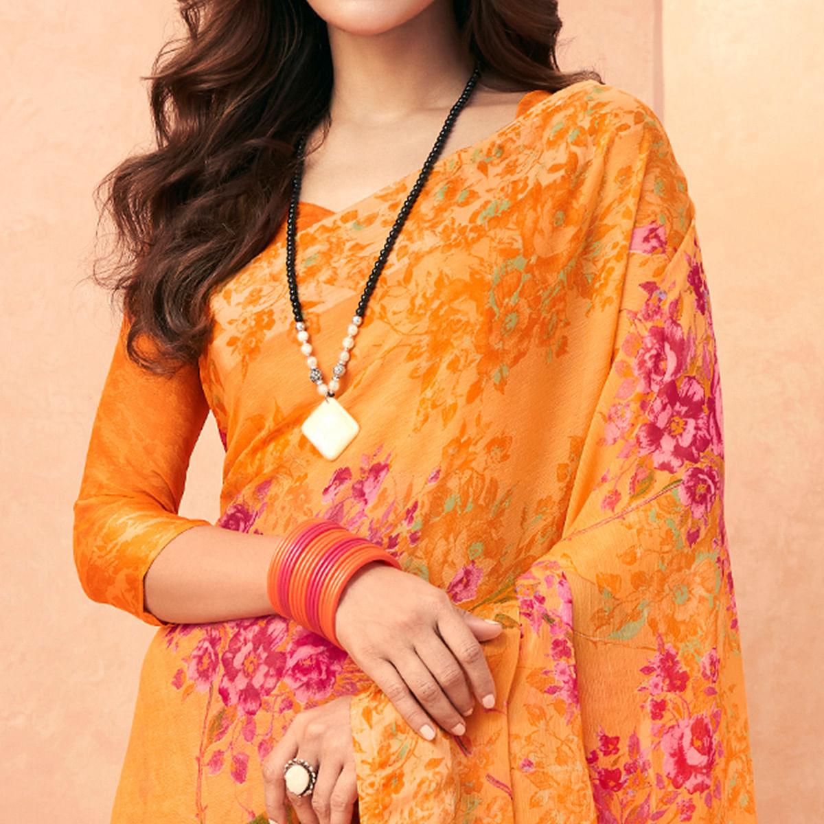 Orange Casual Wear Floral Printed Chiffon Saree - Peachmode