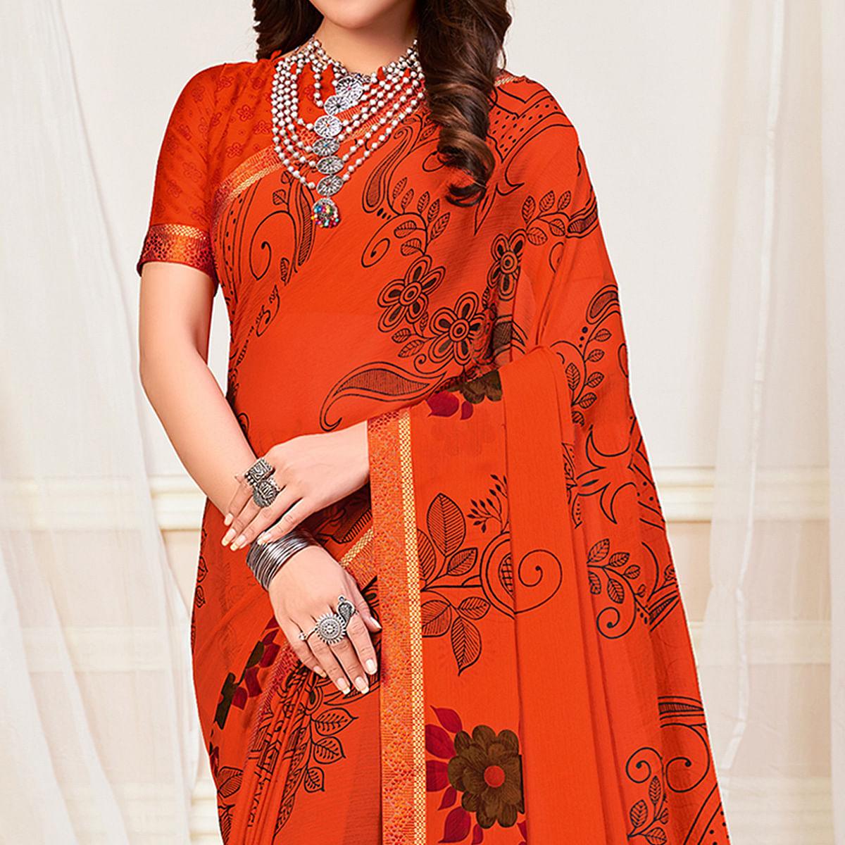 Orange Casual Wear Floral Printed Chiffon Saree - Peachmode