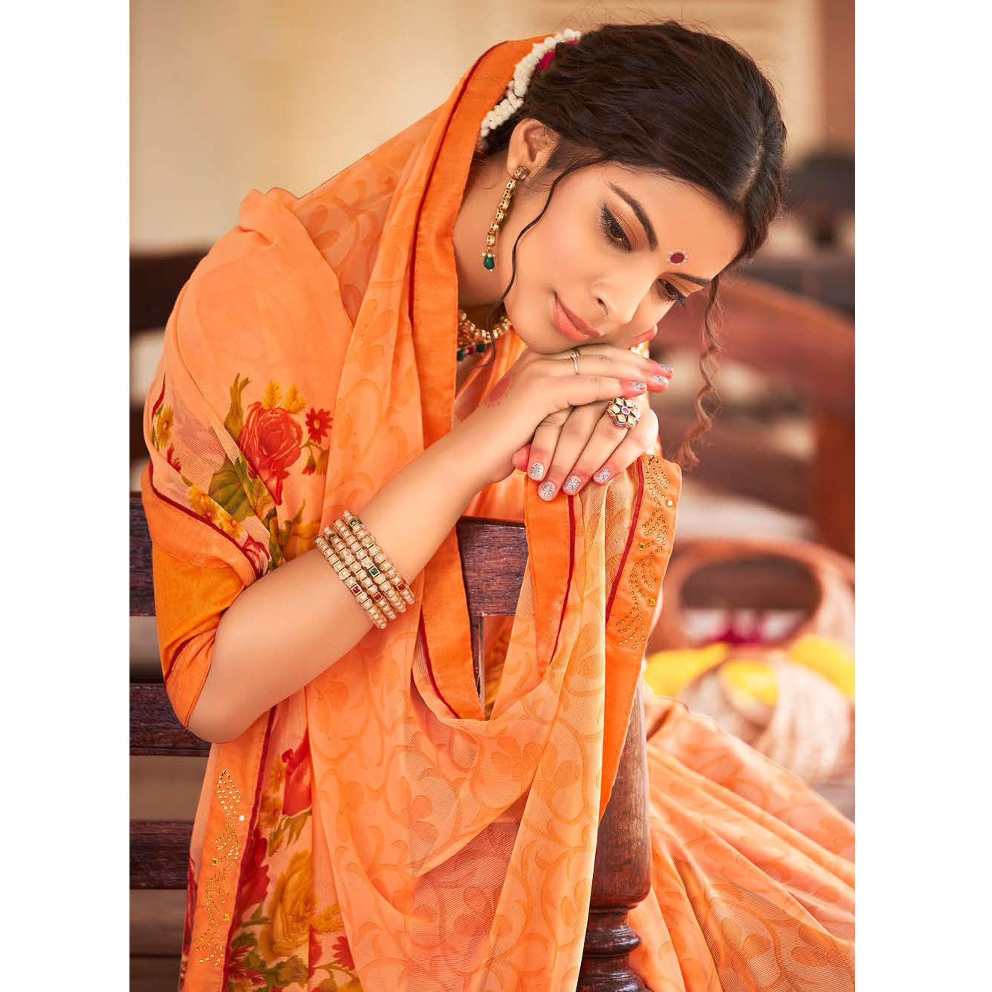 Orange Casual Wear Floral Printed Chiffon Saree - Peachmode