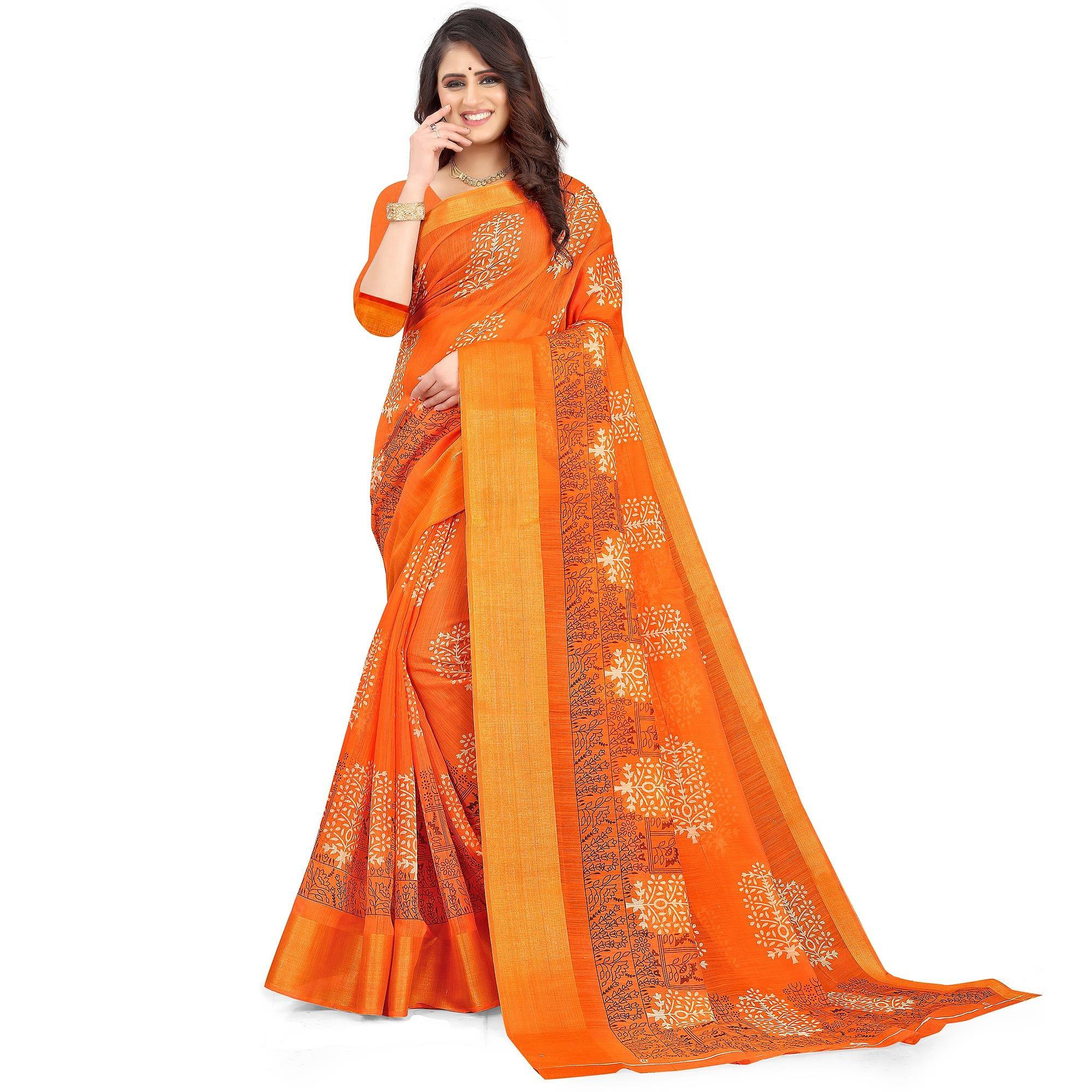 Orange Casual Wear Floral Printed Cotton Linen Saree - Peachmode
