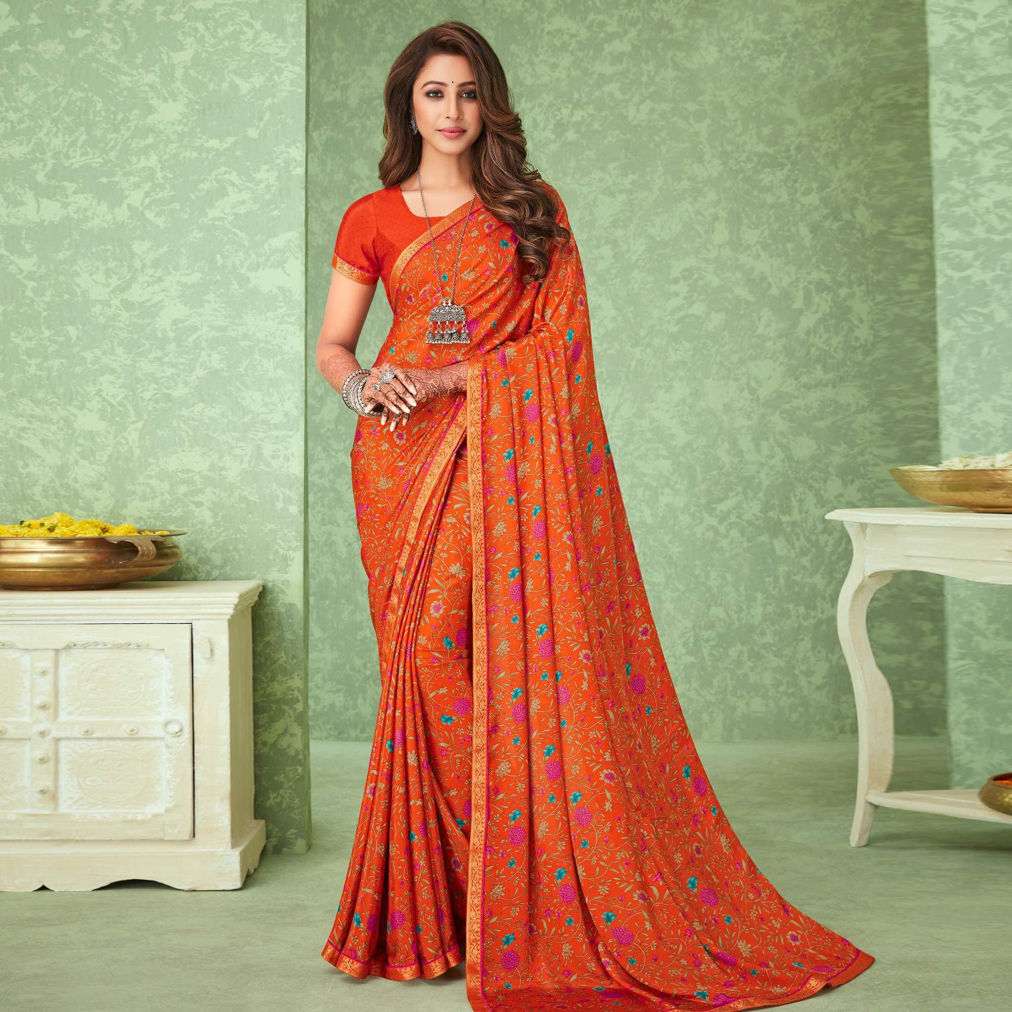 Orange Casual Wear Floral Printed Crepe Saree With Banarasi Border - Peachmode