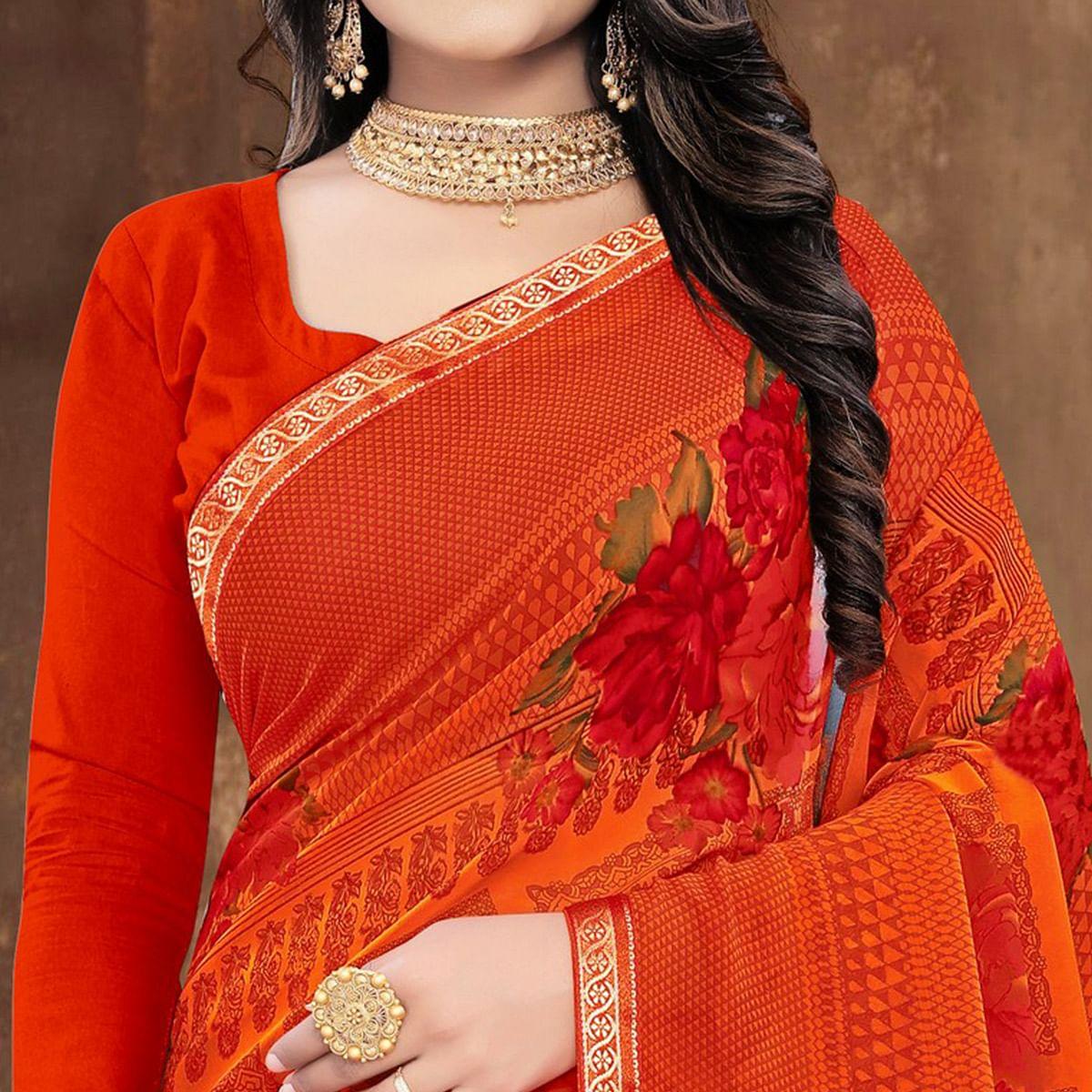 Orange Casual Wear Floral Printed Georgette Designer Saree - Peachmode