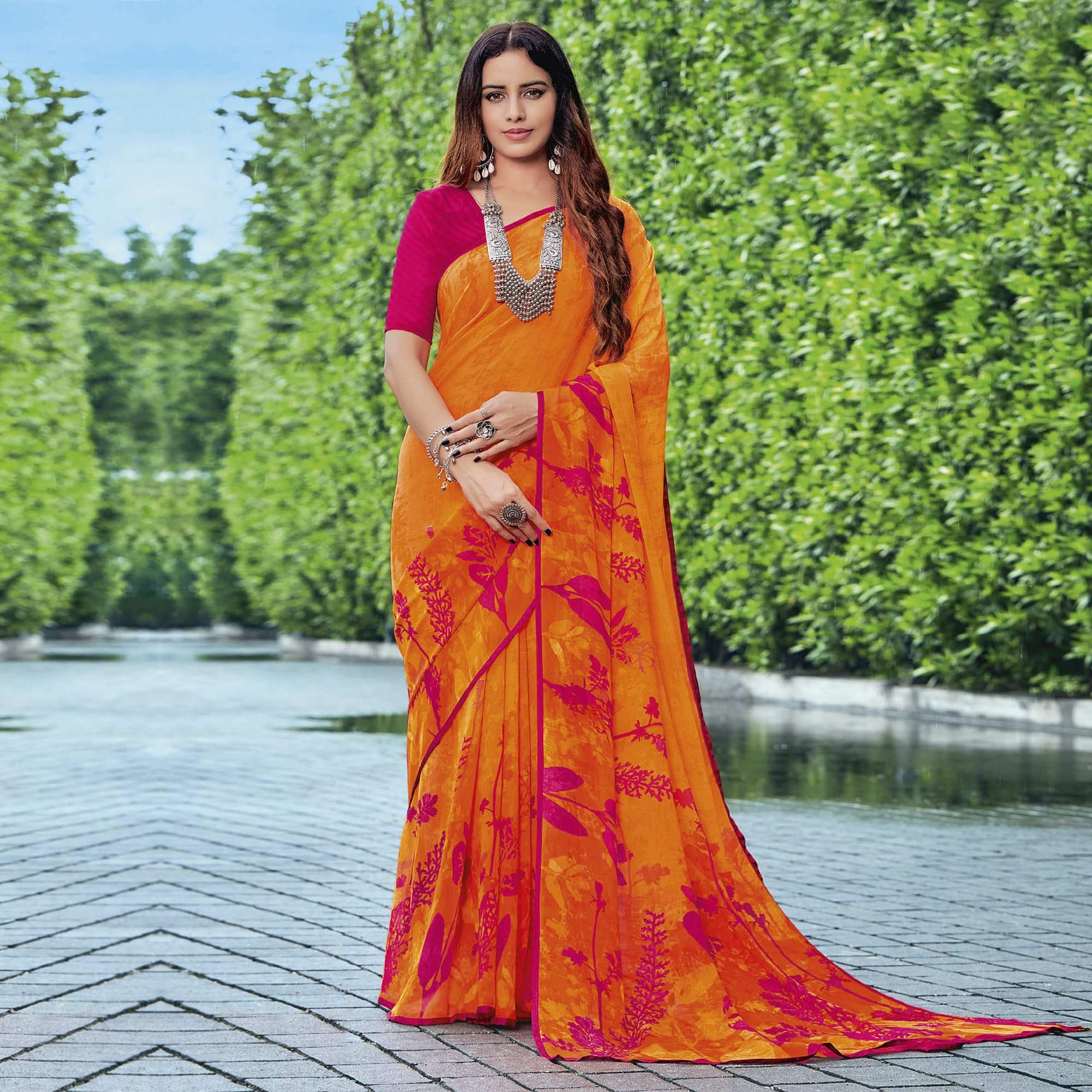Orange Casual Wear Floral Printed Georgette Saree - Peachmode
