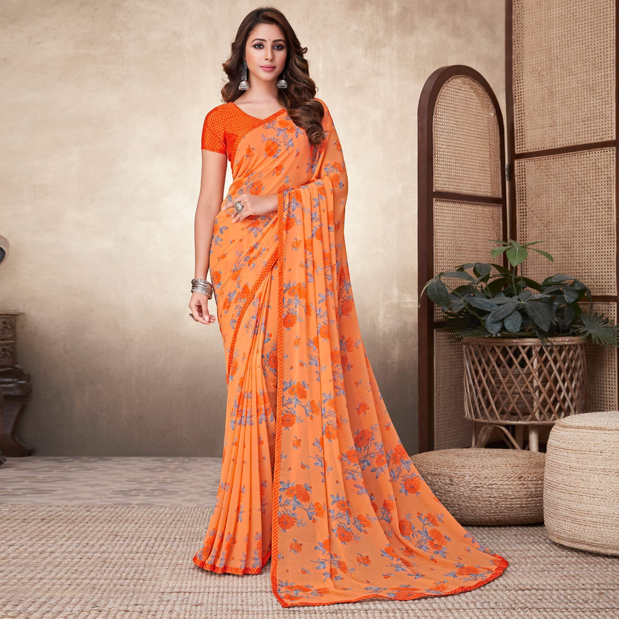 Orange Casual Wear Floral Printed Georgette Saree - Peachmode