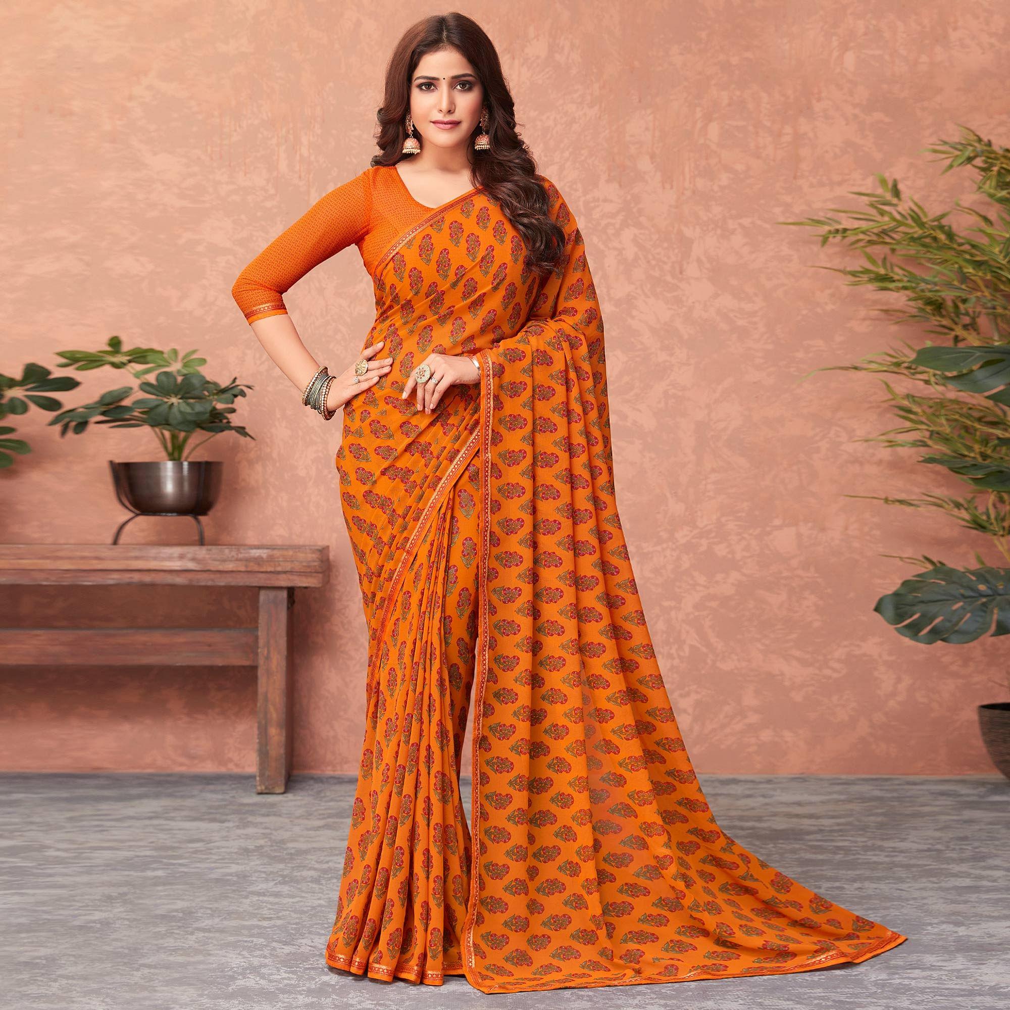 Orange Casual Wear Floral Printed Georgette Saree - Peachmode