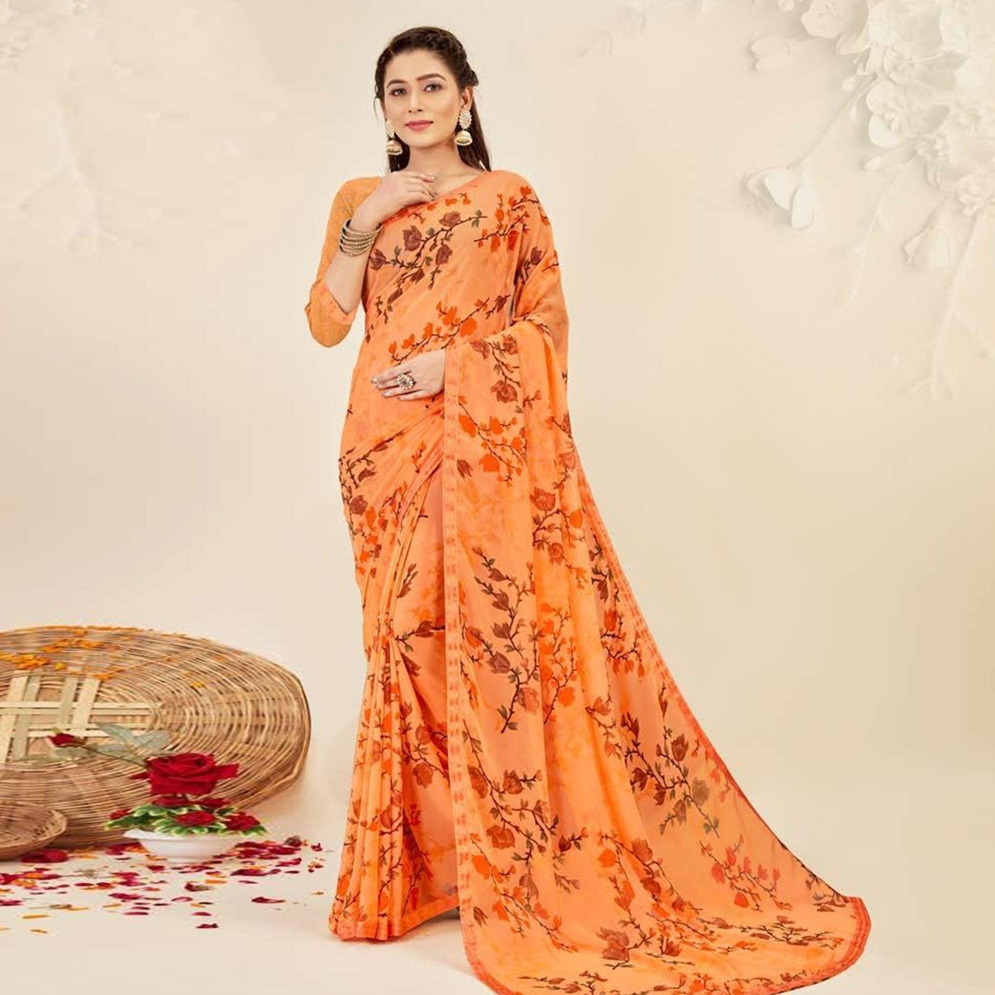 Orange Casual Wear Floral Printed Georgette Saree - Peachmode