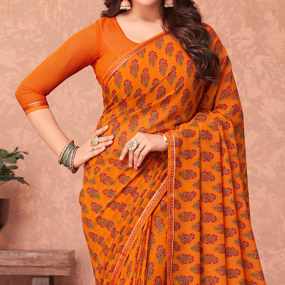 Orange Casual Wear Floral Printed Georgette Saree - Peachmode