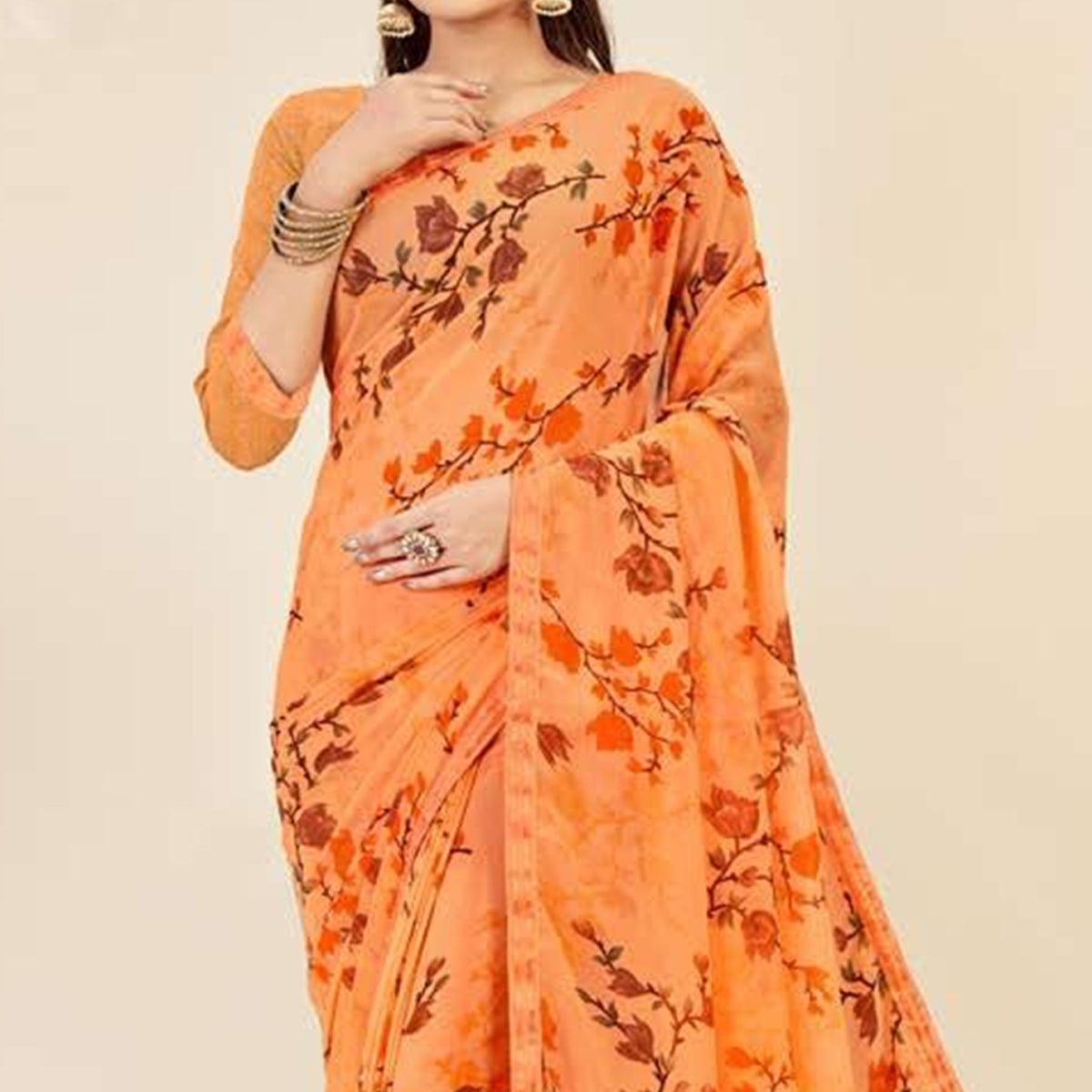 Orange Casual Wear Floral Printed Georgette Saree - Peachmode