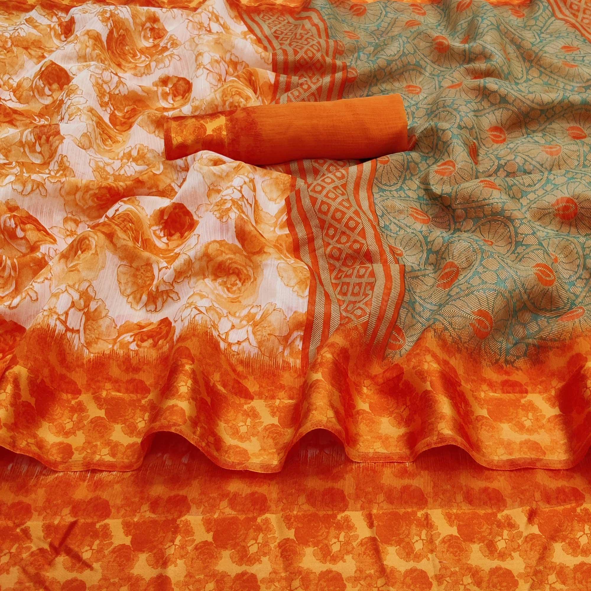 Orange Casual Wear Floral Printed Linen-Satin Saree - Peachmode
