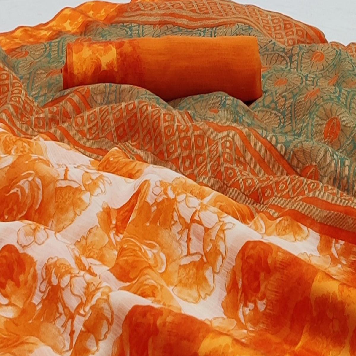 Orange Casual Wear Floral Printed Linen-Satin Saree - Peachmode