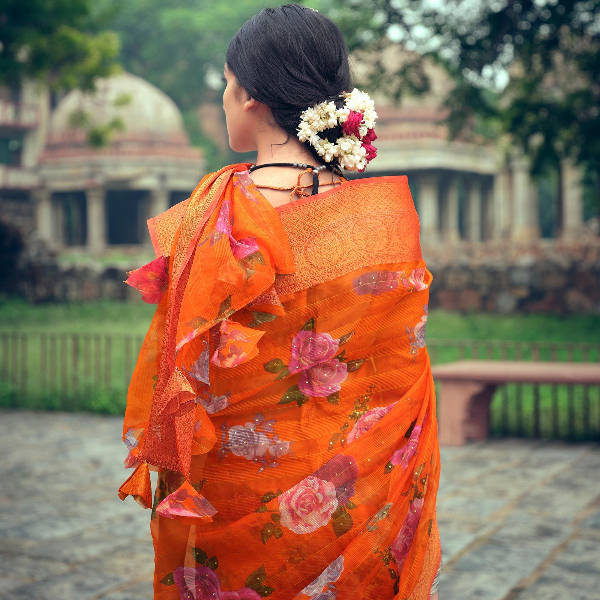 Orange Casual Wear Floral Printed Organza Saree With Jacquard Border - Peachmode