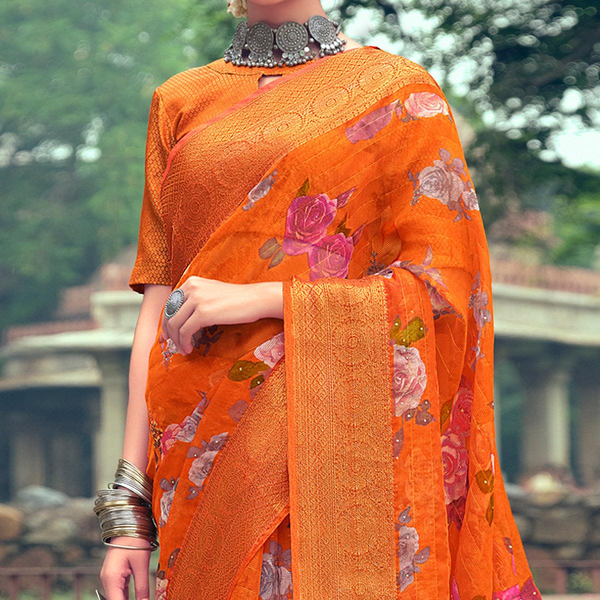 Orange Casual Wear Floral Printed Organza Saree With Jacquard Border - Peachmode