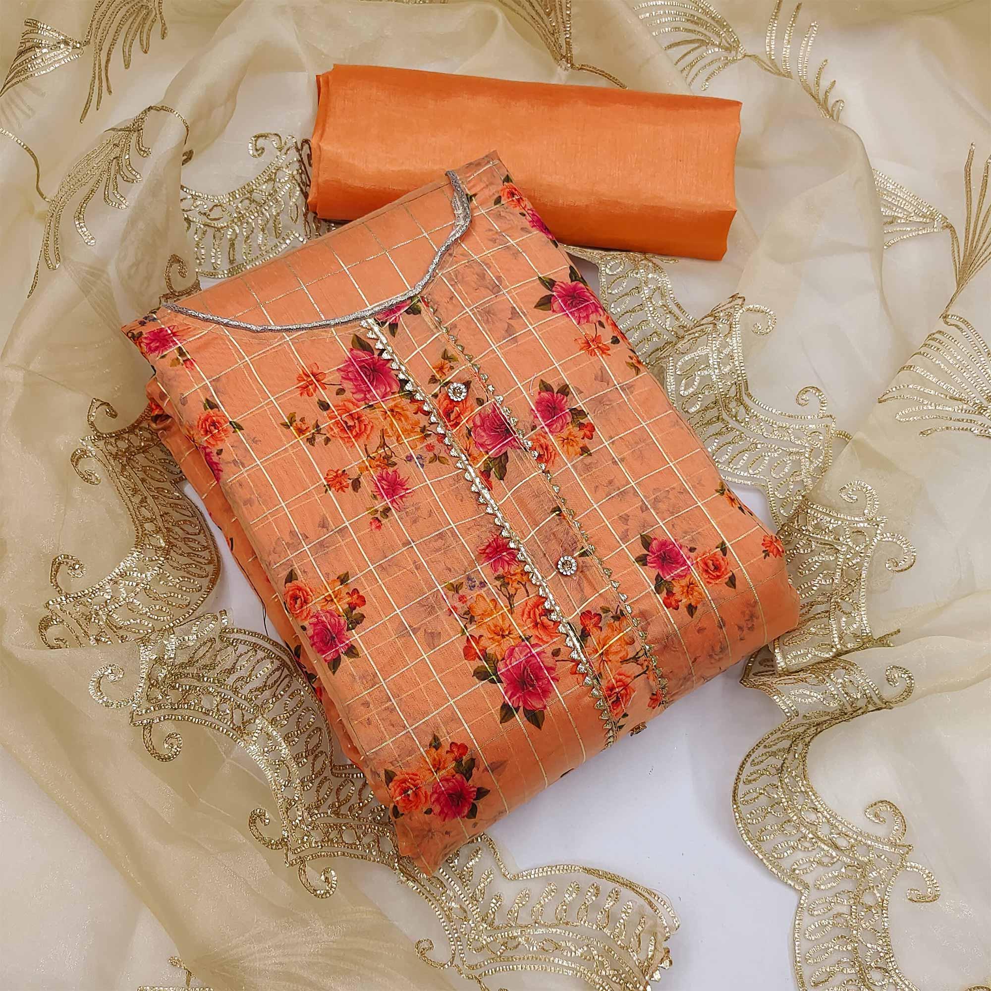 Orange Casual Wear Floral Printed With Checks Chanderi Dress Material - Peachmode