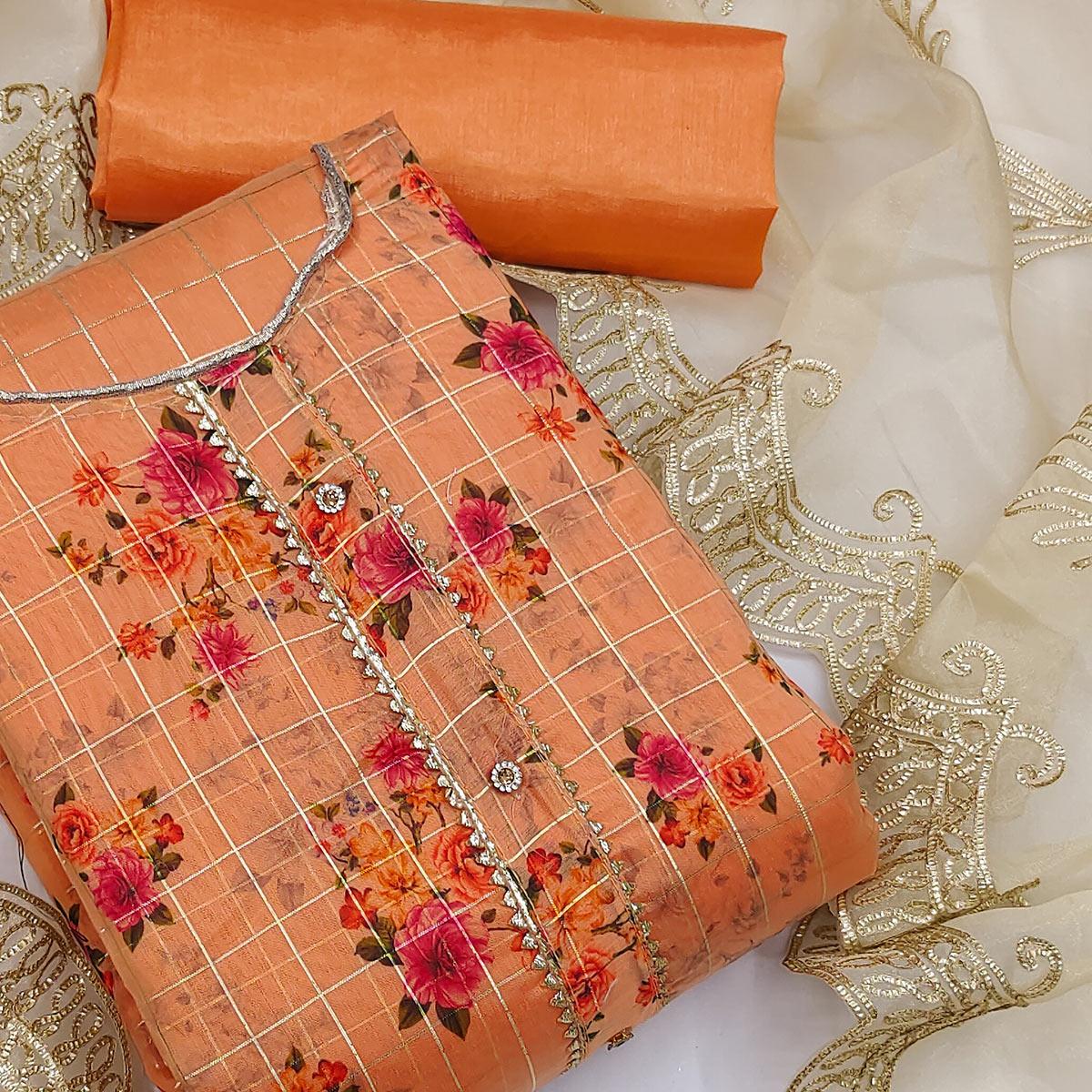 Orange Casual Wear Floral Printed With Checks Chanderi Dress Material - Peachmode