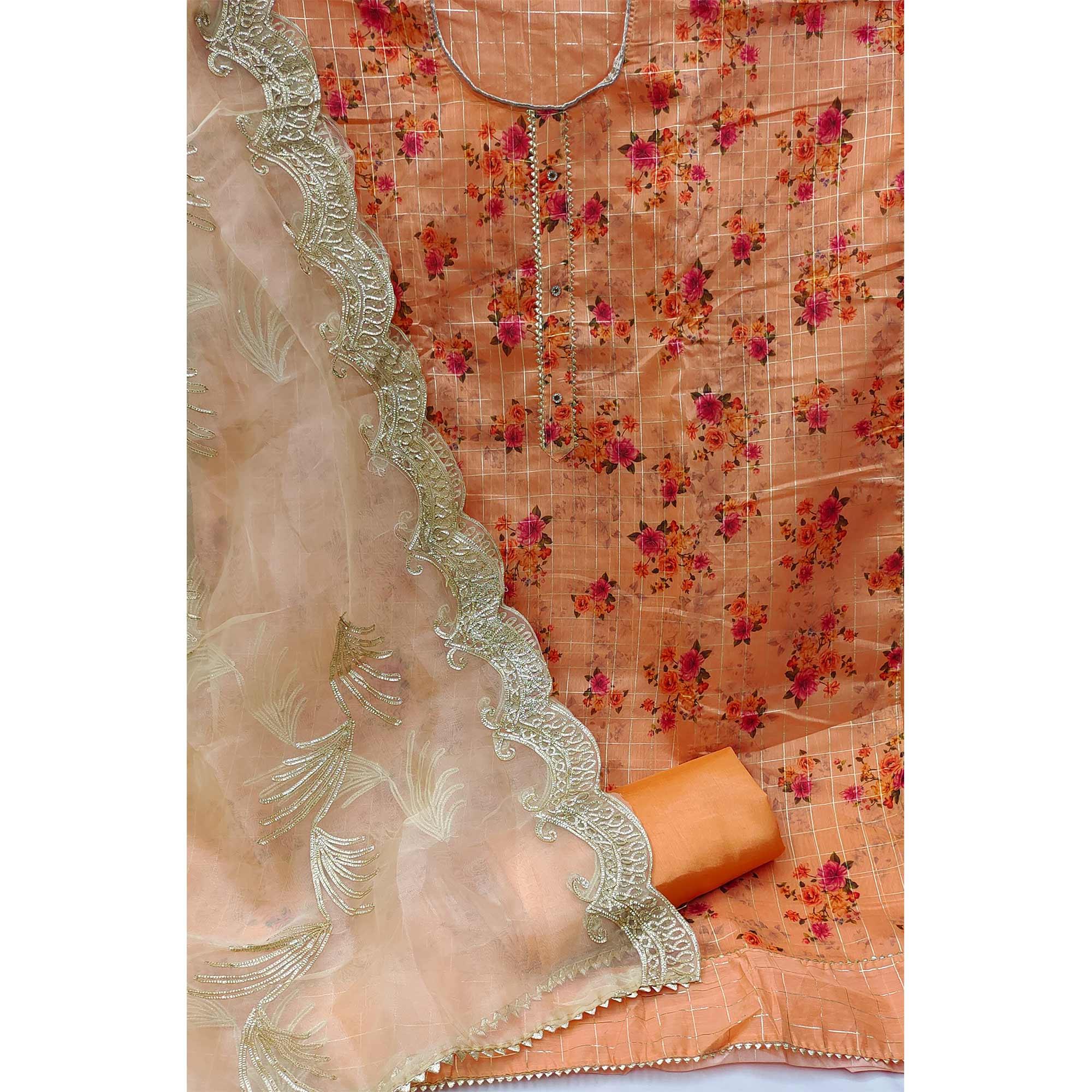 Orange Casual Wear Floral Printed With Checks Chanderi Dress Material - Peachmode