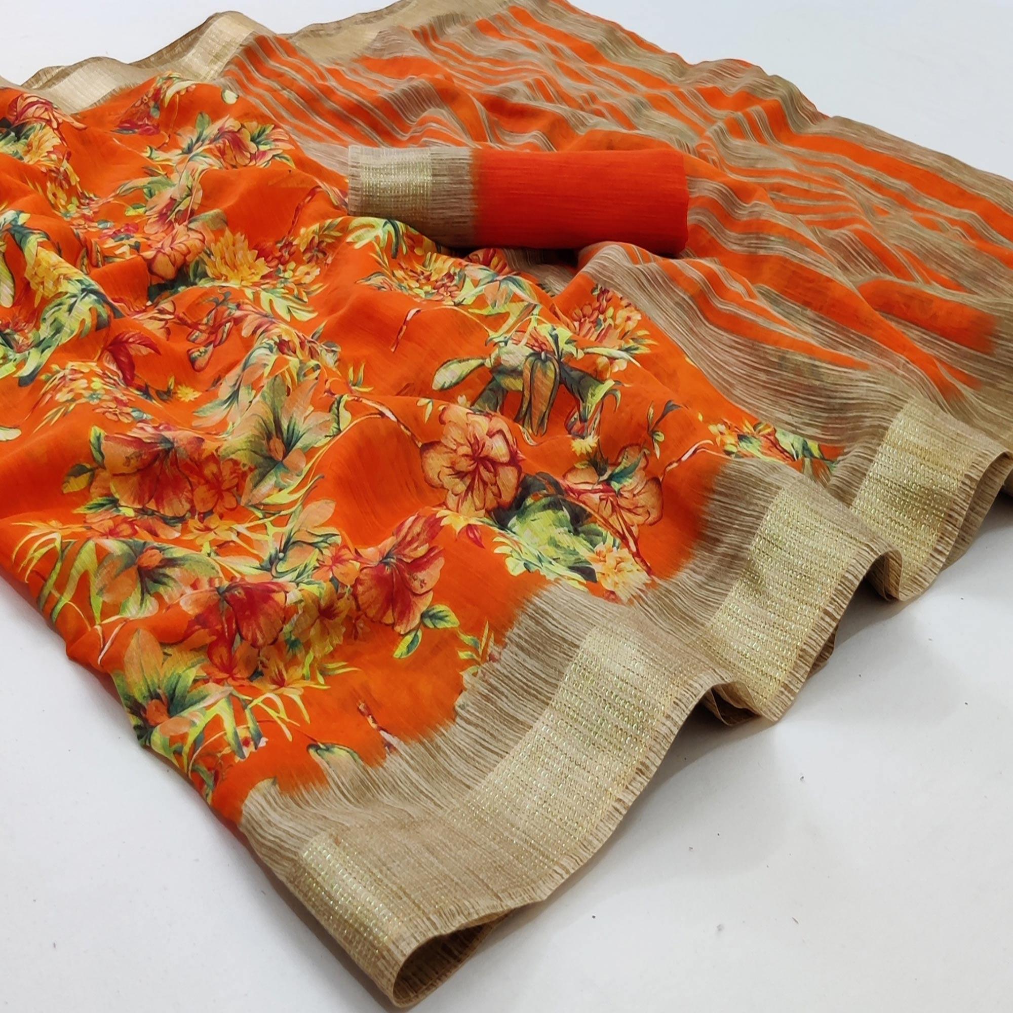 Orange Casual Wear Floral Printed With Jari Border Cotton Saree - Peachmode