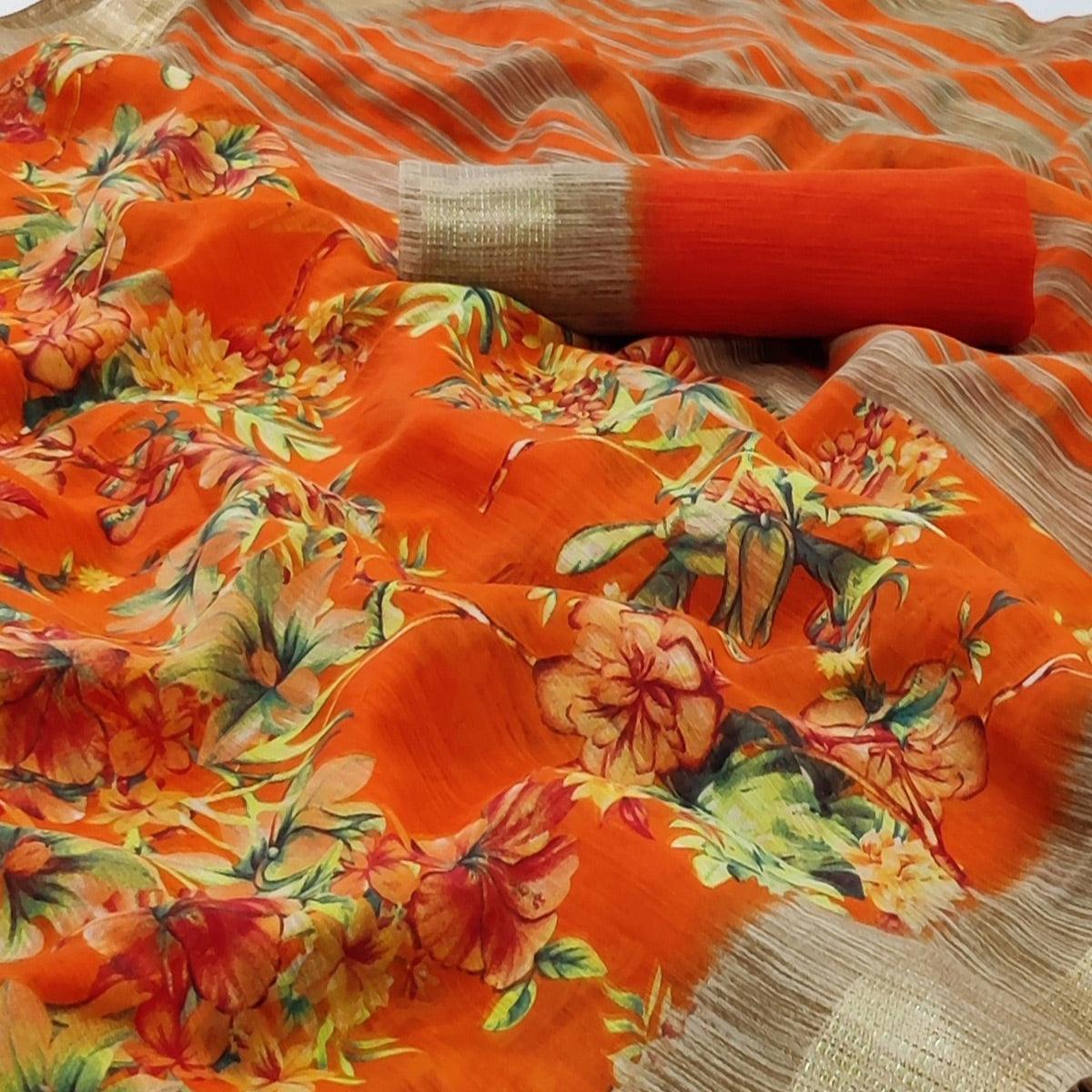 Orange Casual Wear Floral Printed With Jari Border Cotton Saree - Peachmode